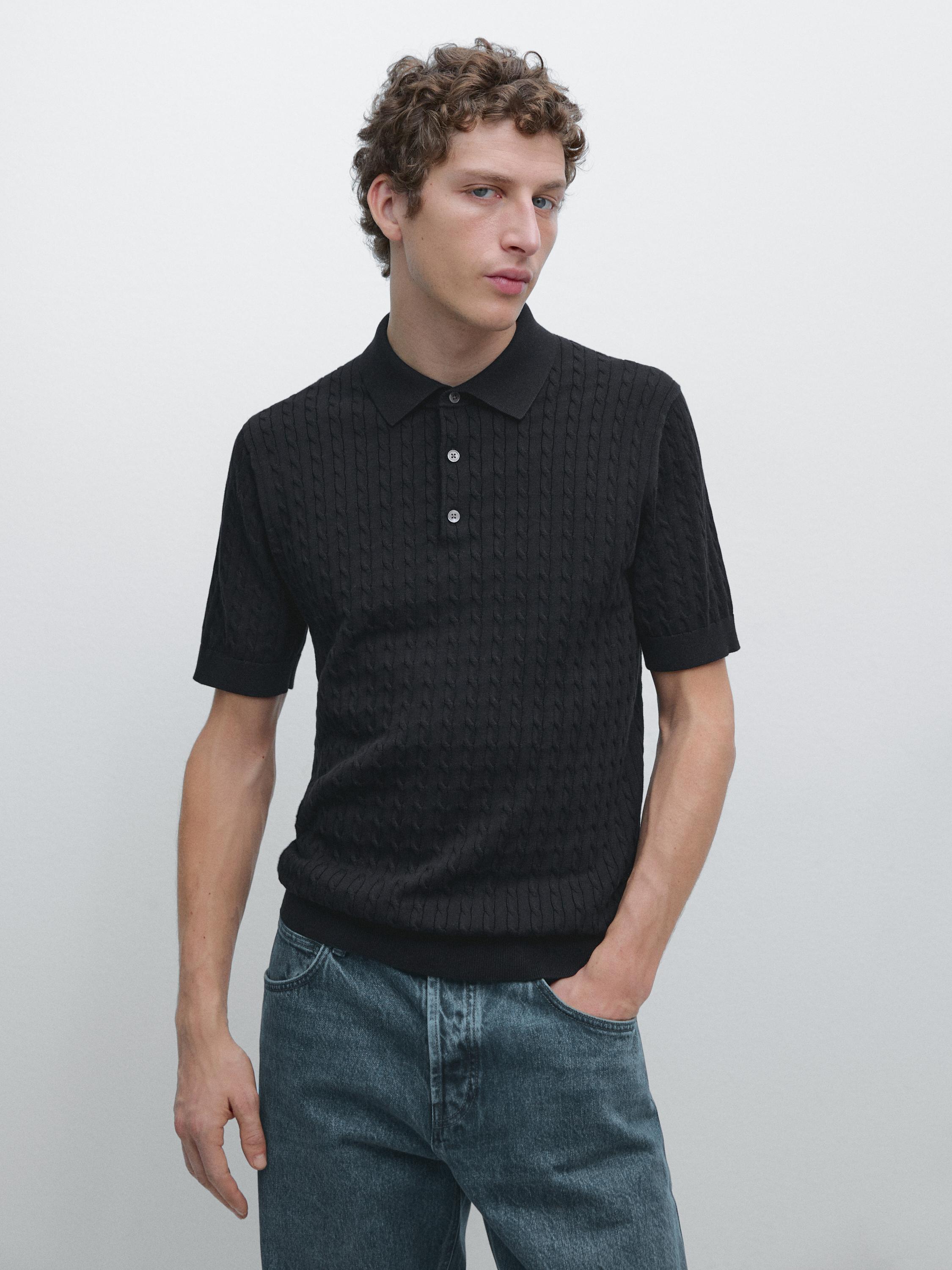 100% cotton cable-knit polo shirt — NAVY BLUE