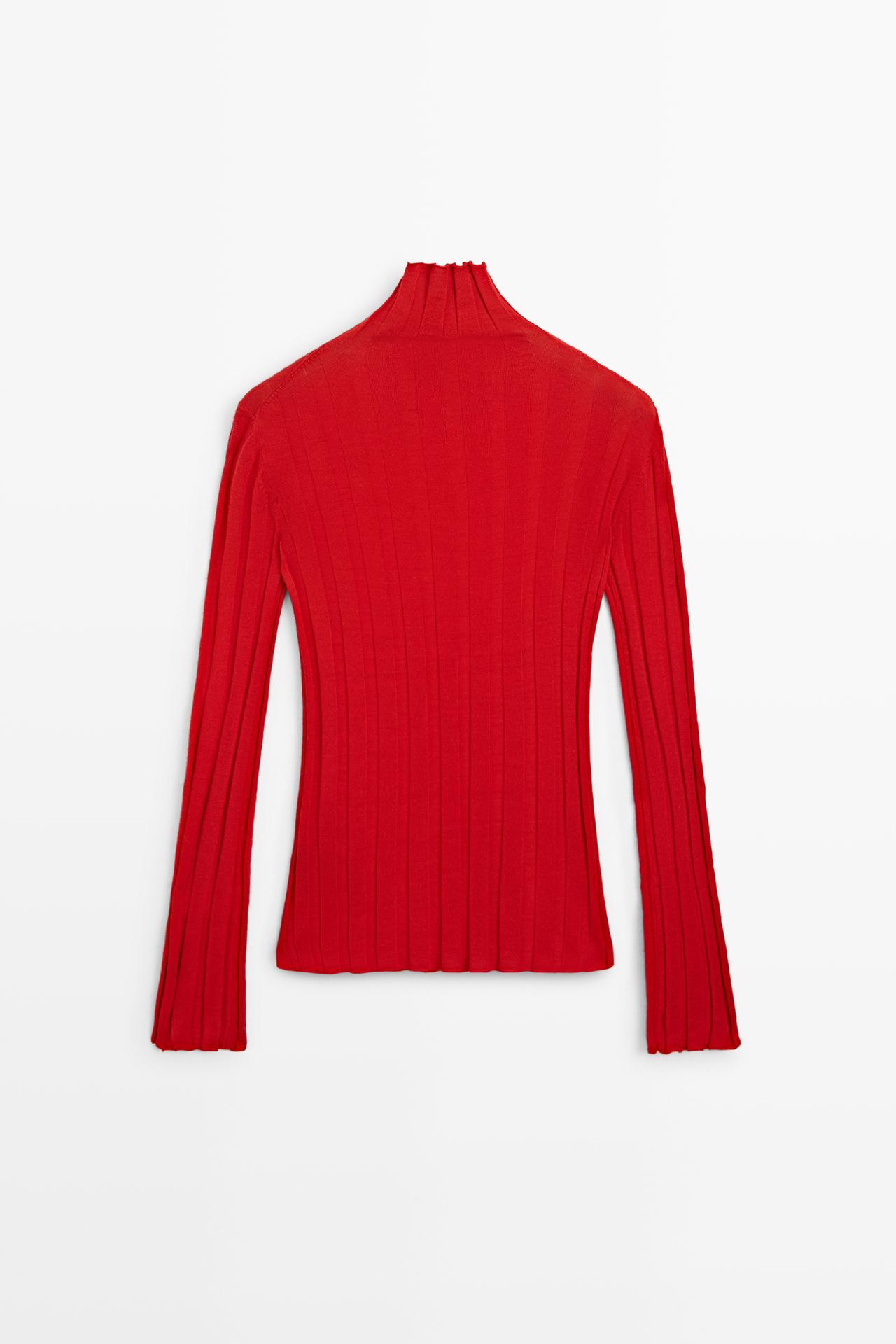 Ribbed high neck knit sweater — RED