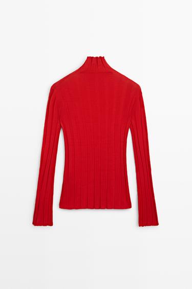 Ribbed high neck knit sweater — RED 6