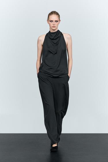 Flowing halter neck top with waistband effect — BLACK 1