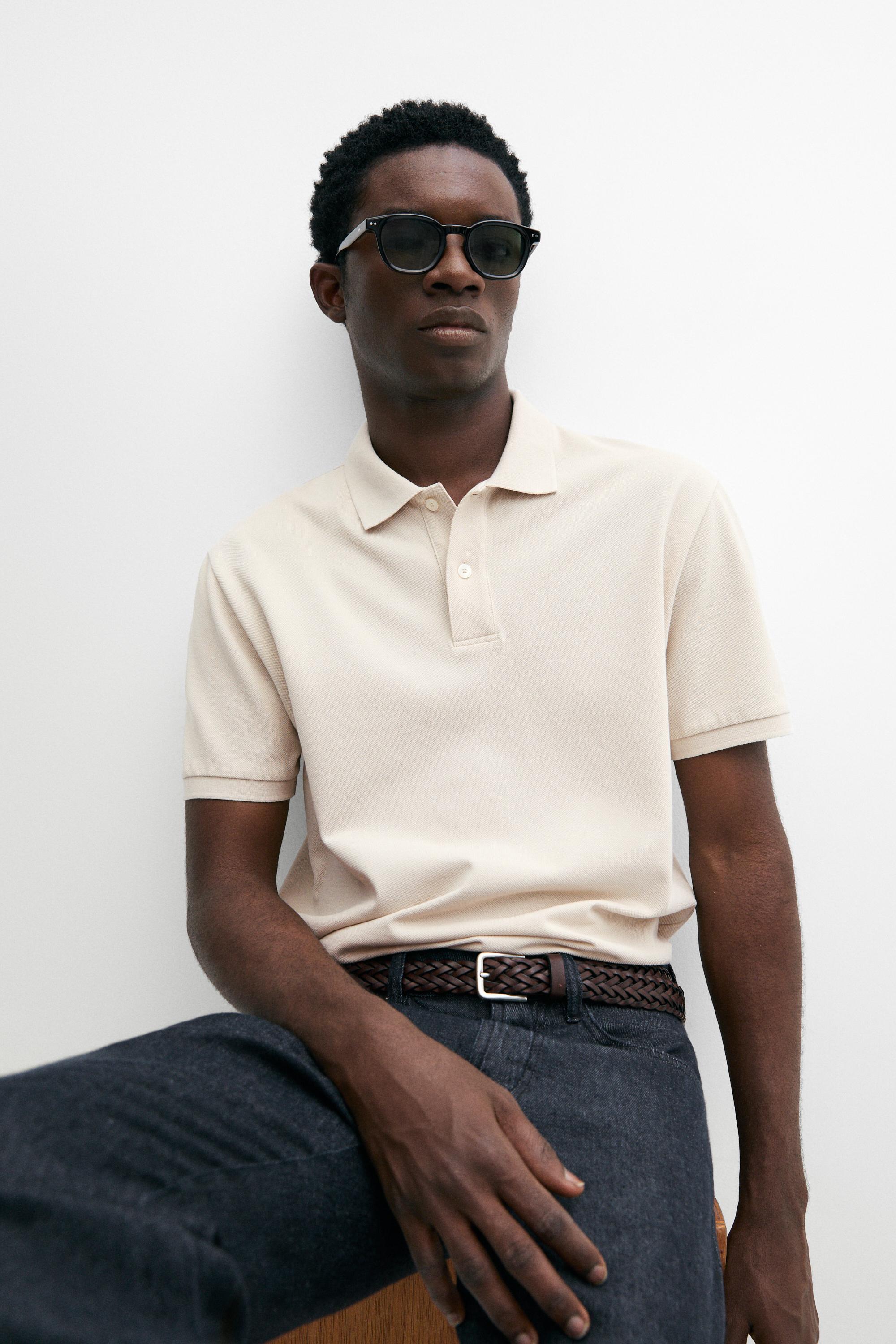 Micro-textured cotton piqué polo shirt — STONE