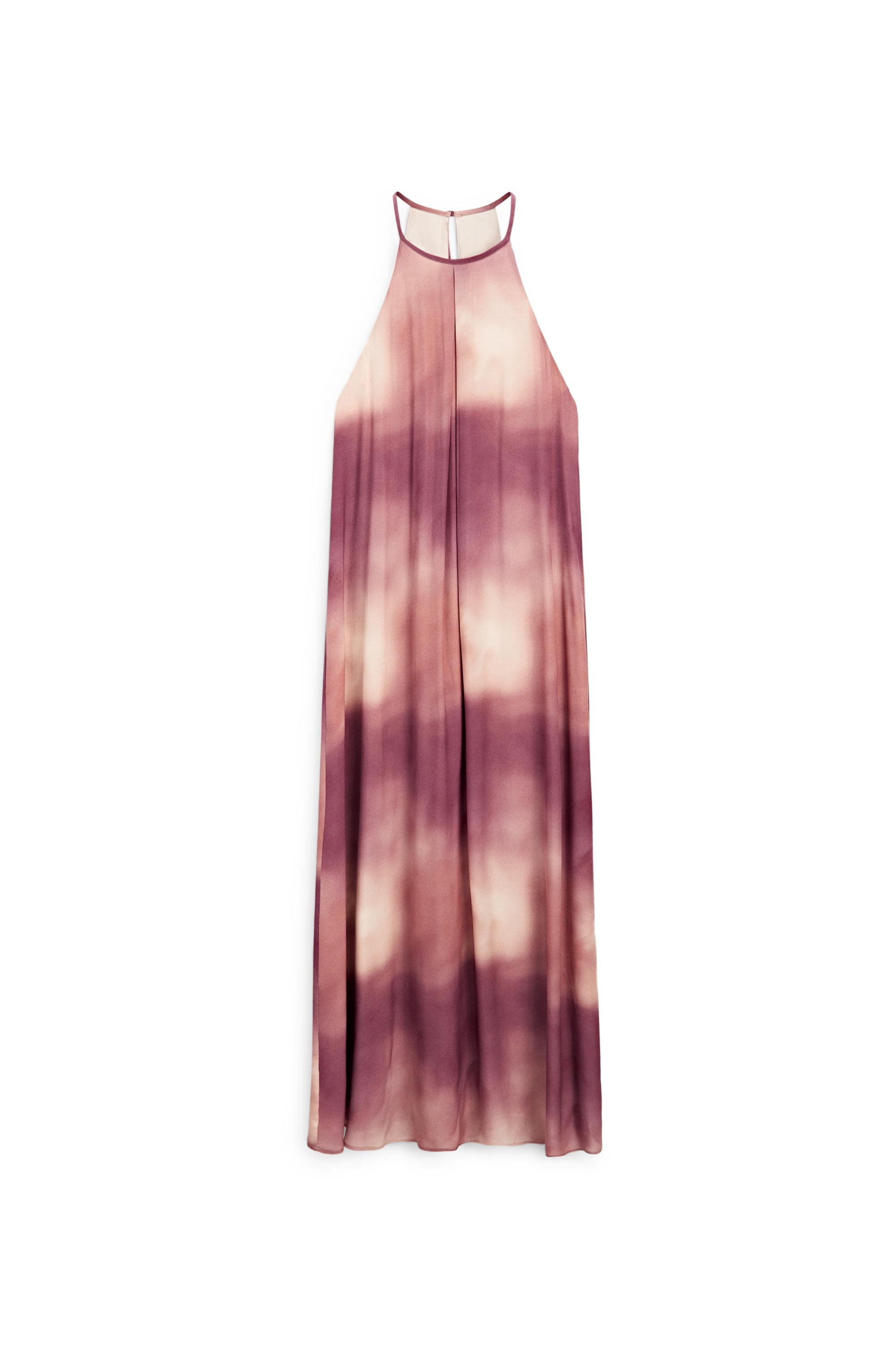 Massimo Dutti Batik desenli dökümlü halter yaka uzun elbise