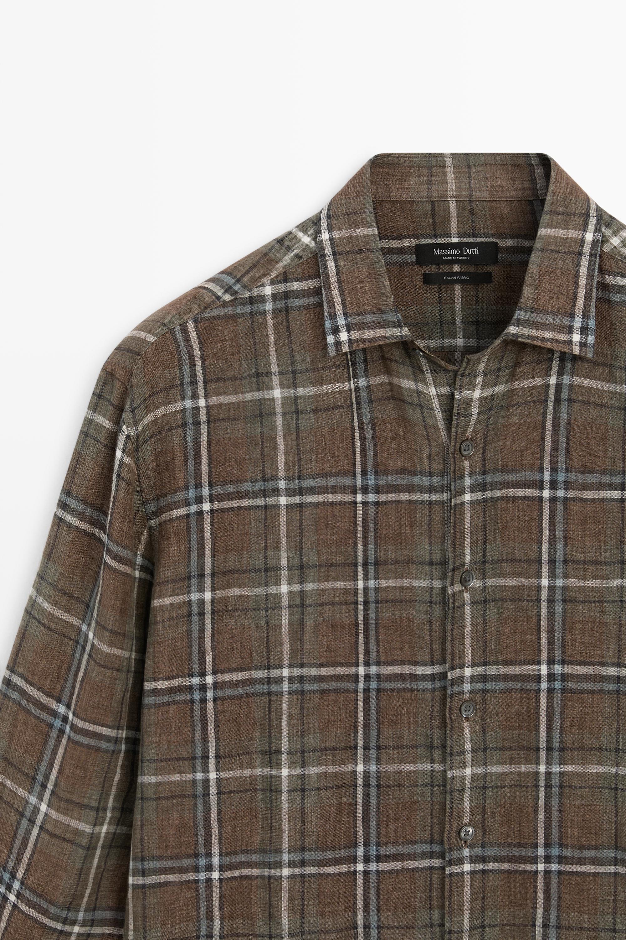 100% linen regular fit check shirt — GREEN