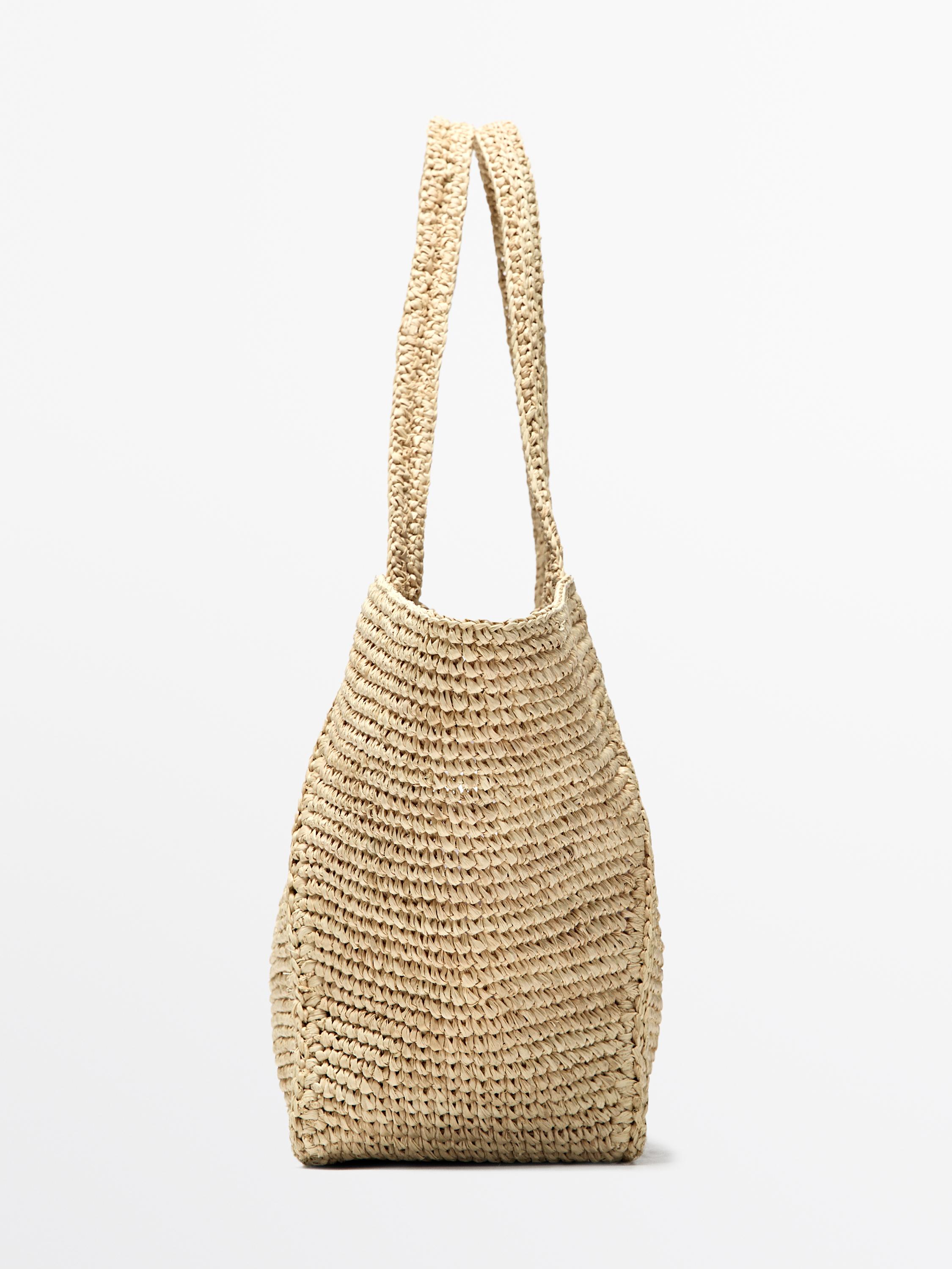 100% raffia mid-sized tote bag — BEIGE