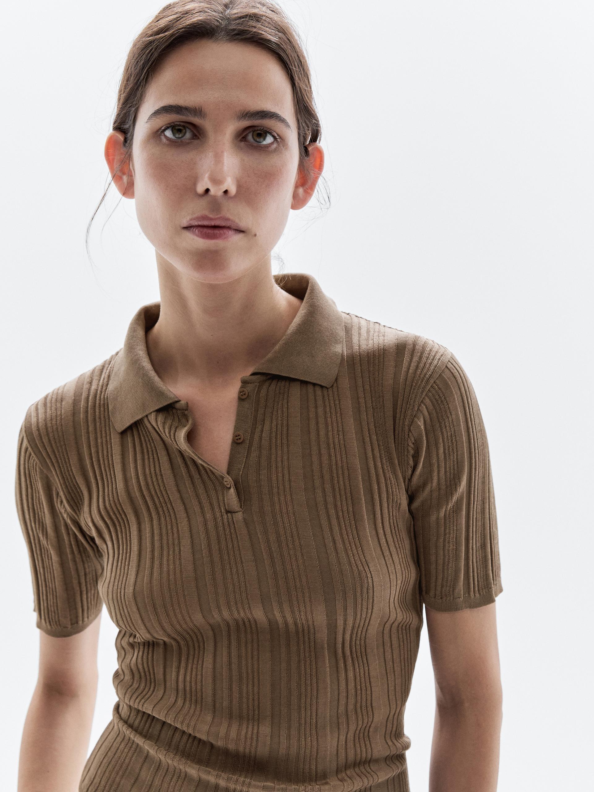 Polo Côtelé 100 % Coton - Brun Vigoré - M - Massimo Dutti - Femme