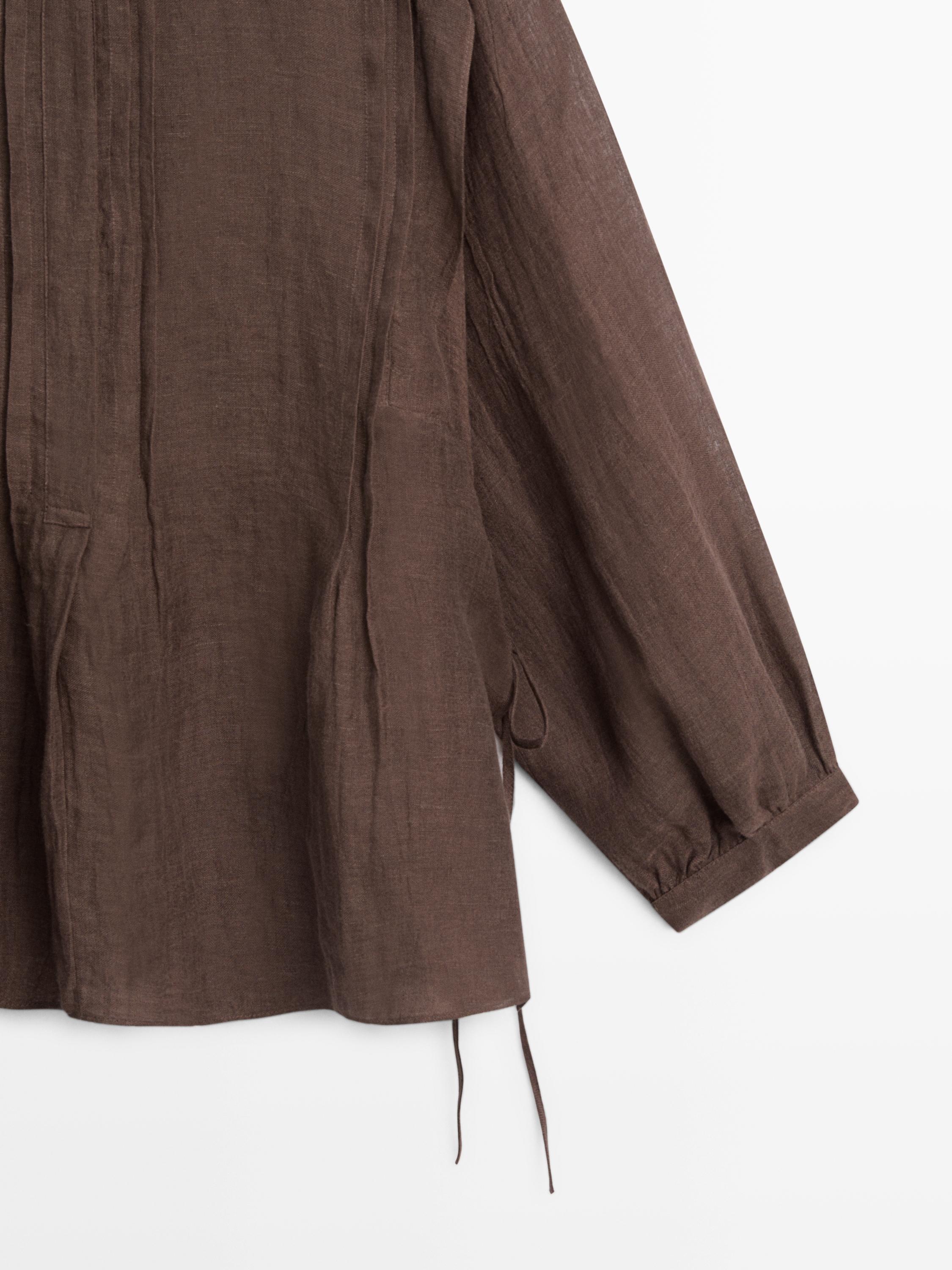 Flowing oversize linen blouse with ruffles — BROWN