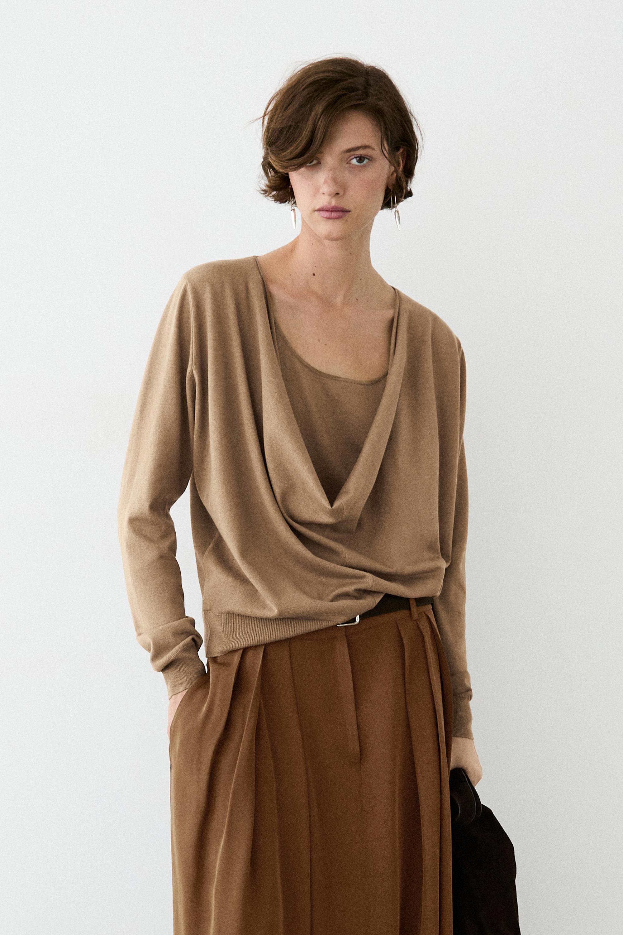 Draped neckline cotton sweater — CAMEL