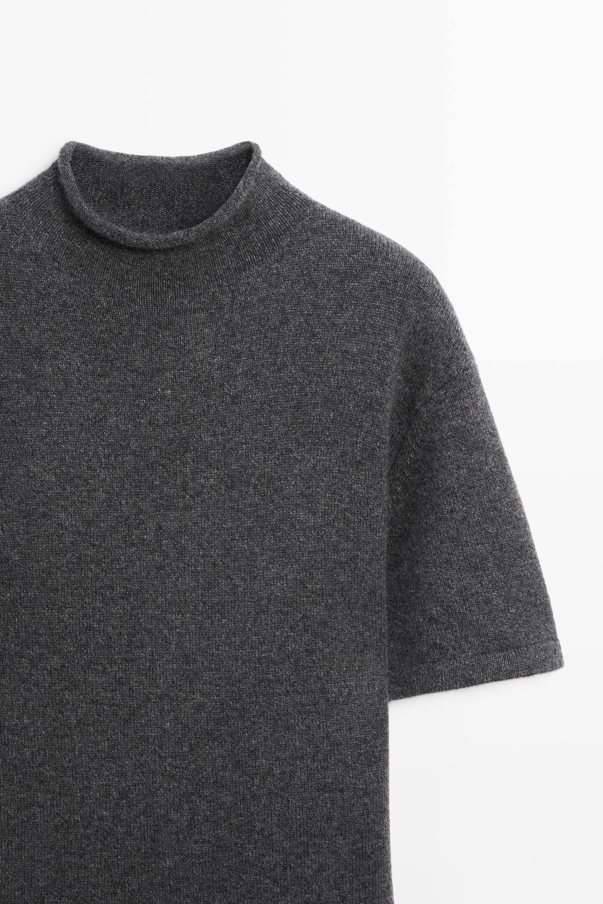 100% cashmere knit short sleeve sweater — GREY