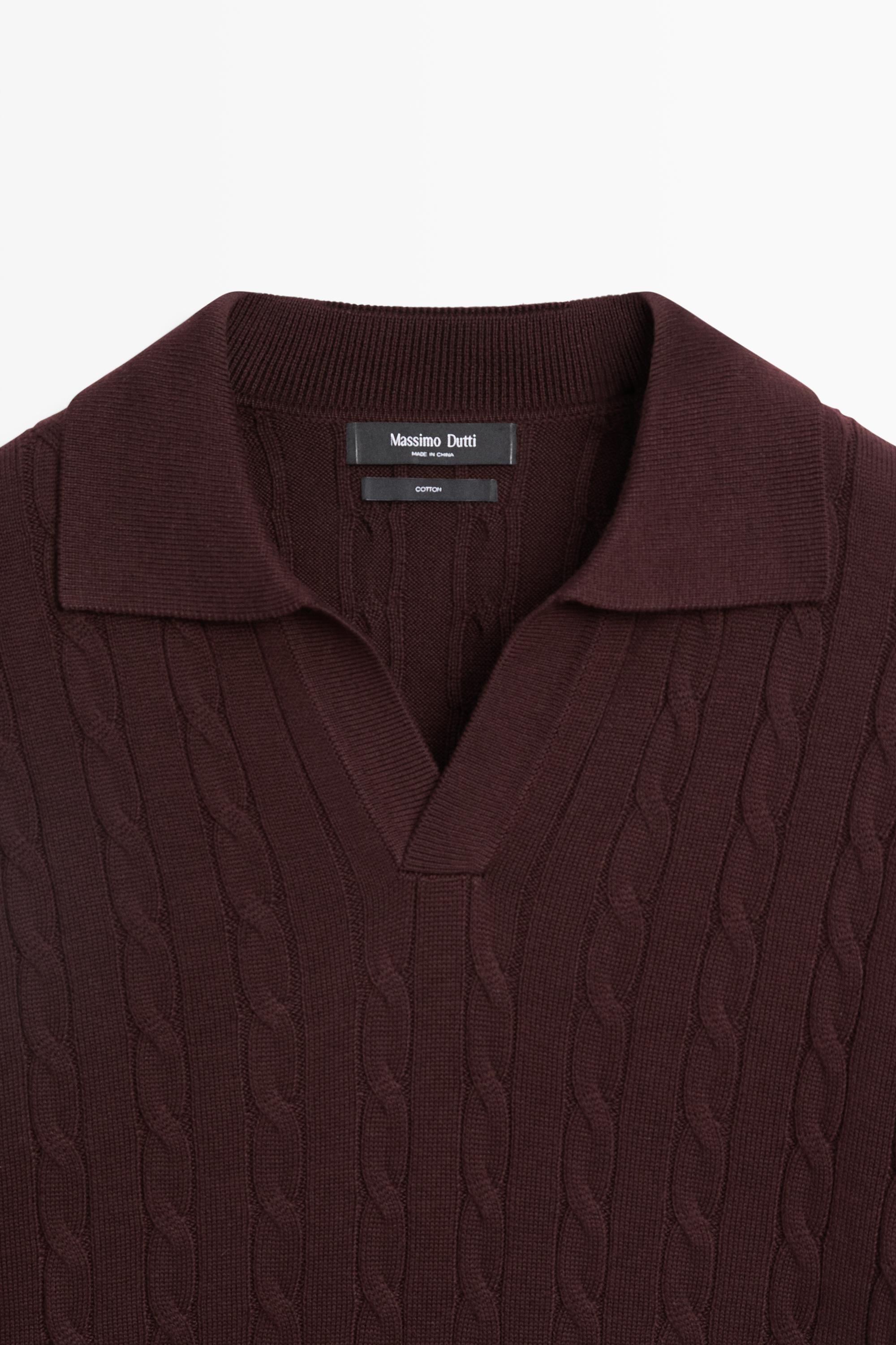 100% Cotton Cable-Knit Polo Sweater — BURGUNDY
