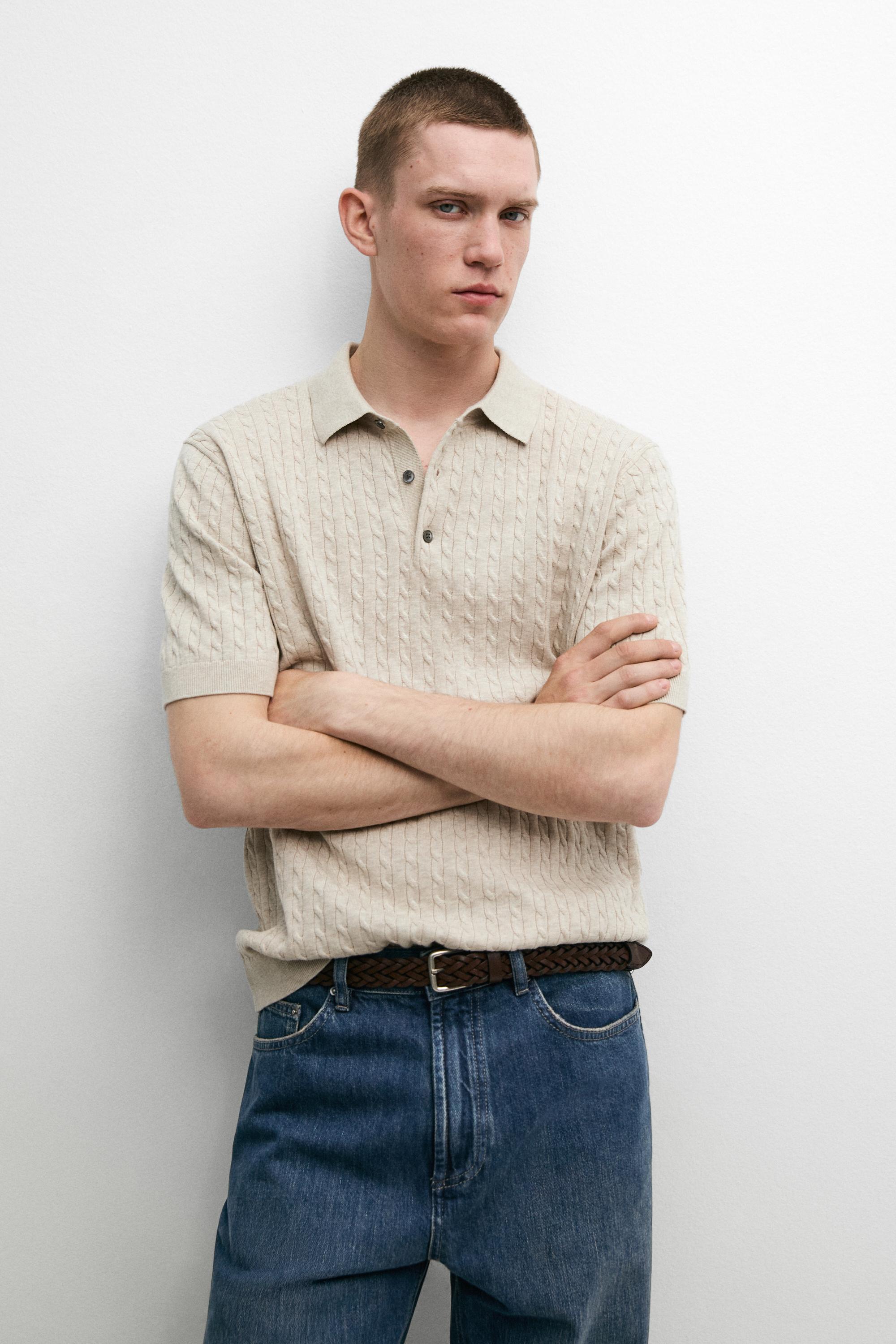 100% cotton cable-knit polo shirt — BEIGE