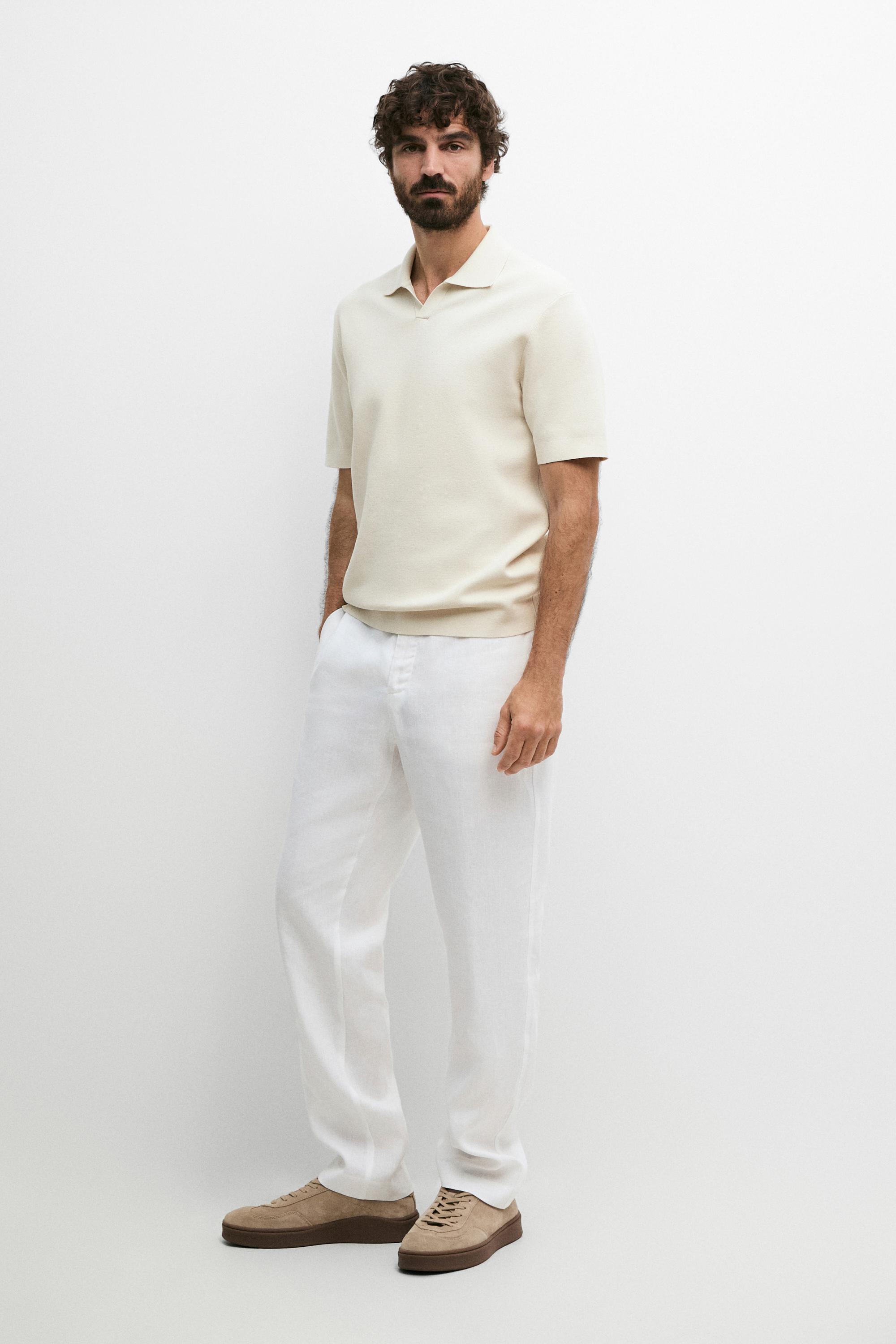 Flowing cotton blend knit polo shirt — CREAM