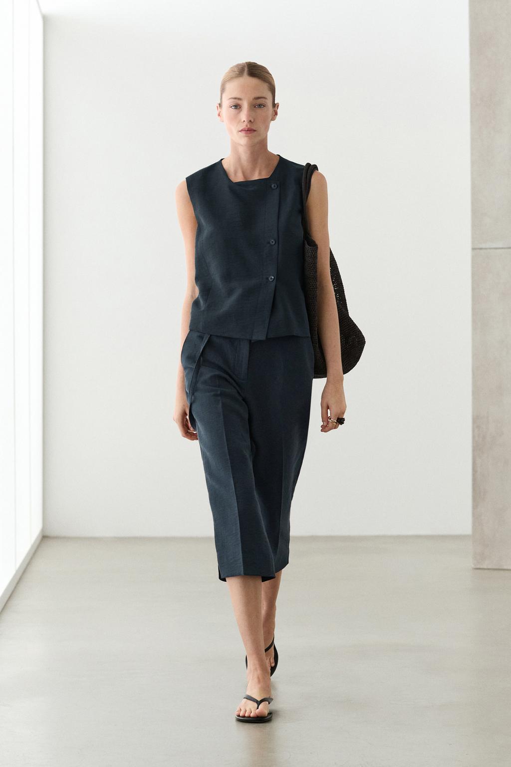 Massimo Dutti Axan pambıq-kətan qarışıqlı kəmərli Bermuda şortu