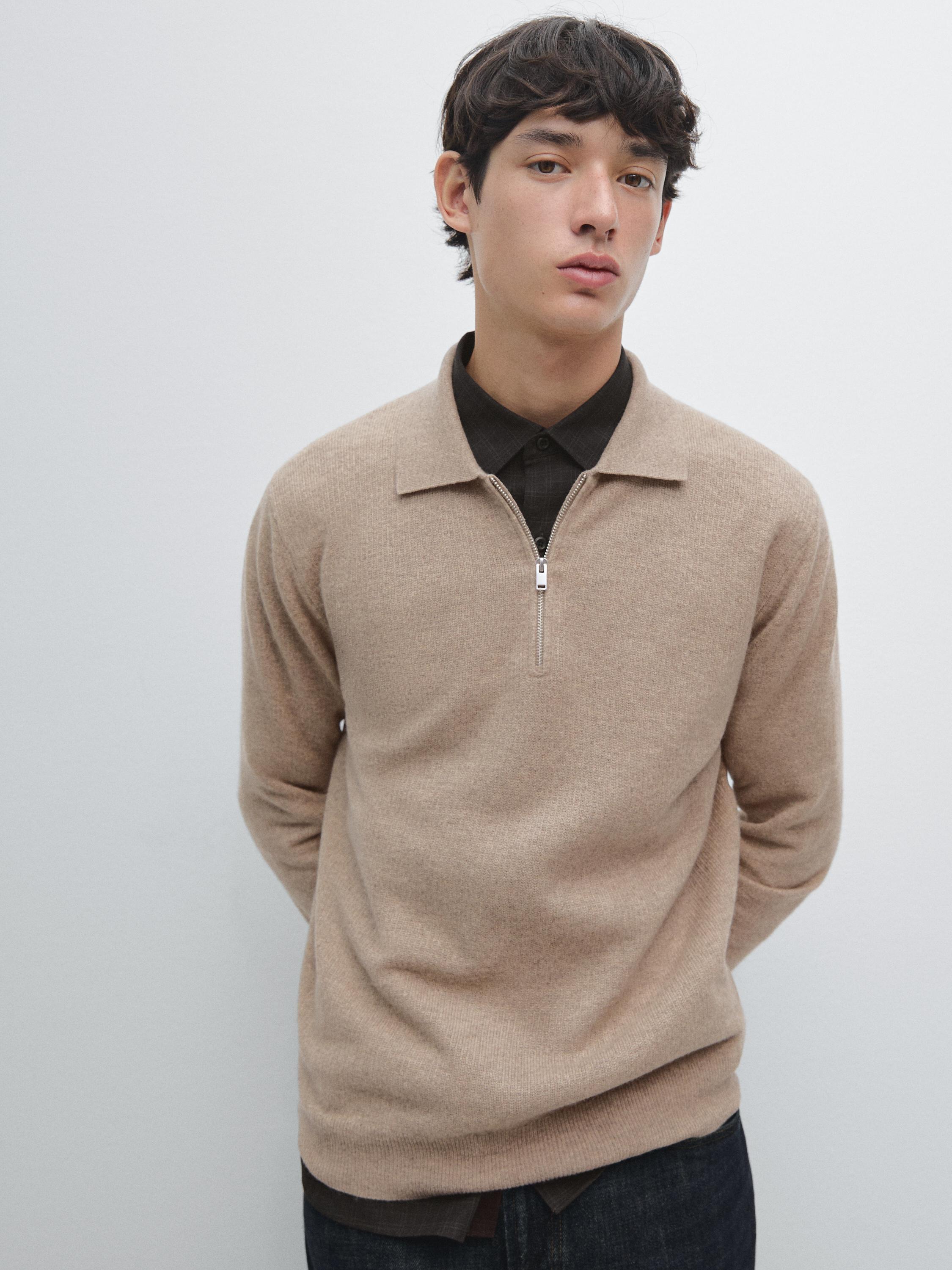 Knit wool blend polo sweater with zip