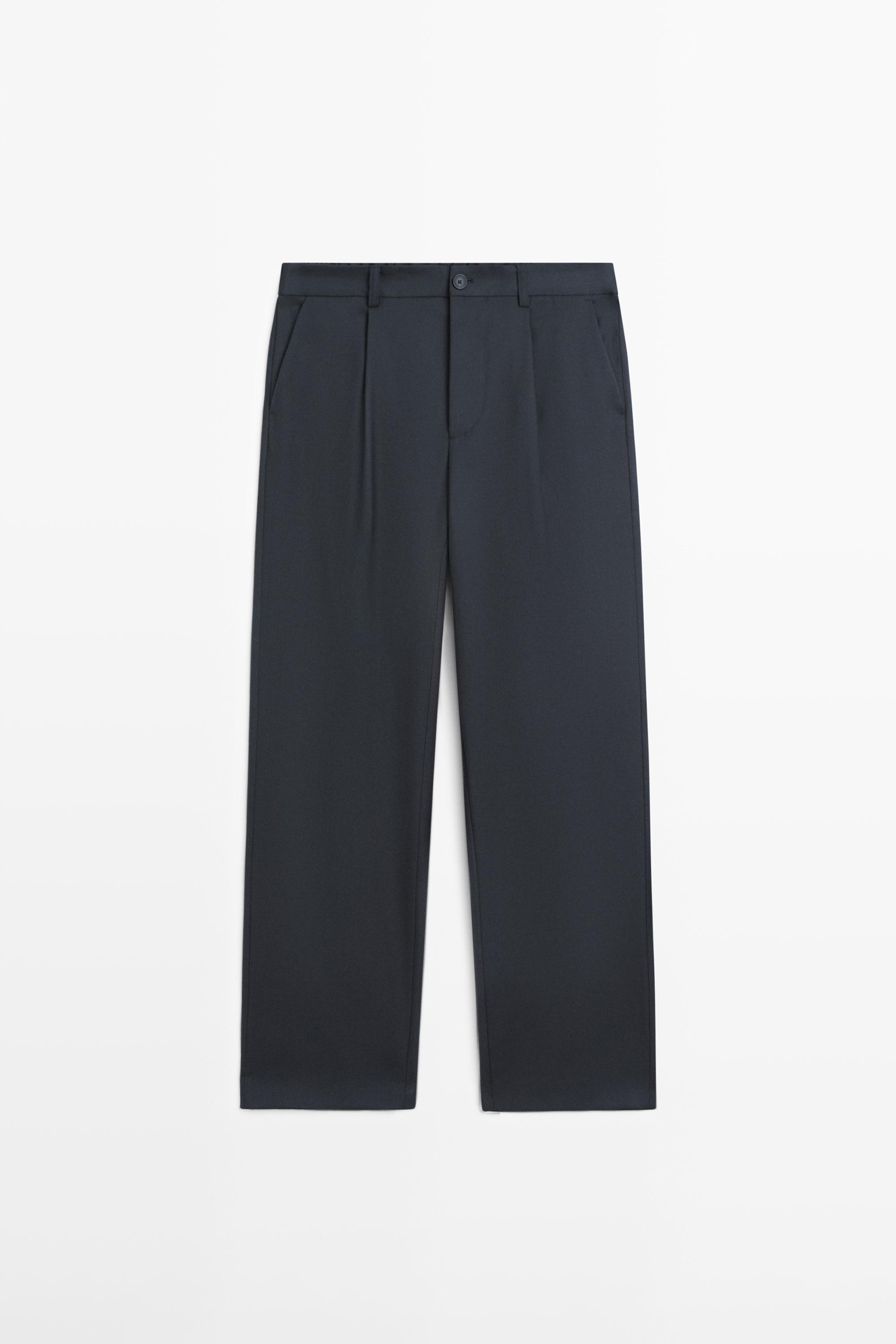 Relaxed fit wool blend trousers with darts — NAVY BLUE