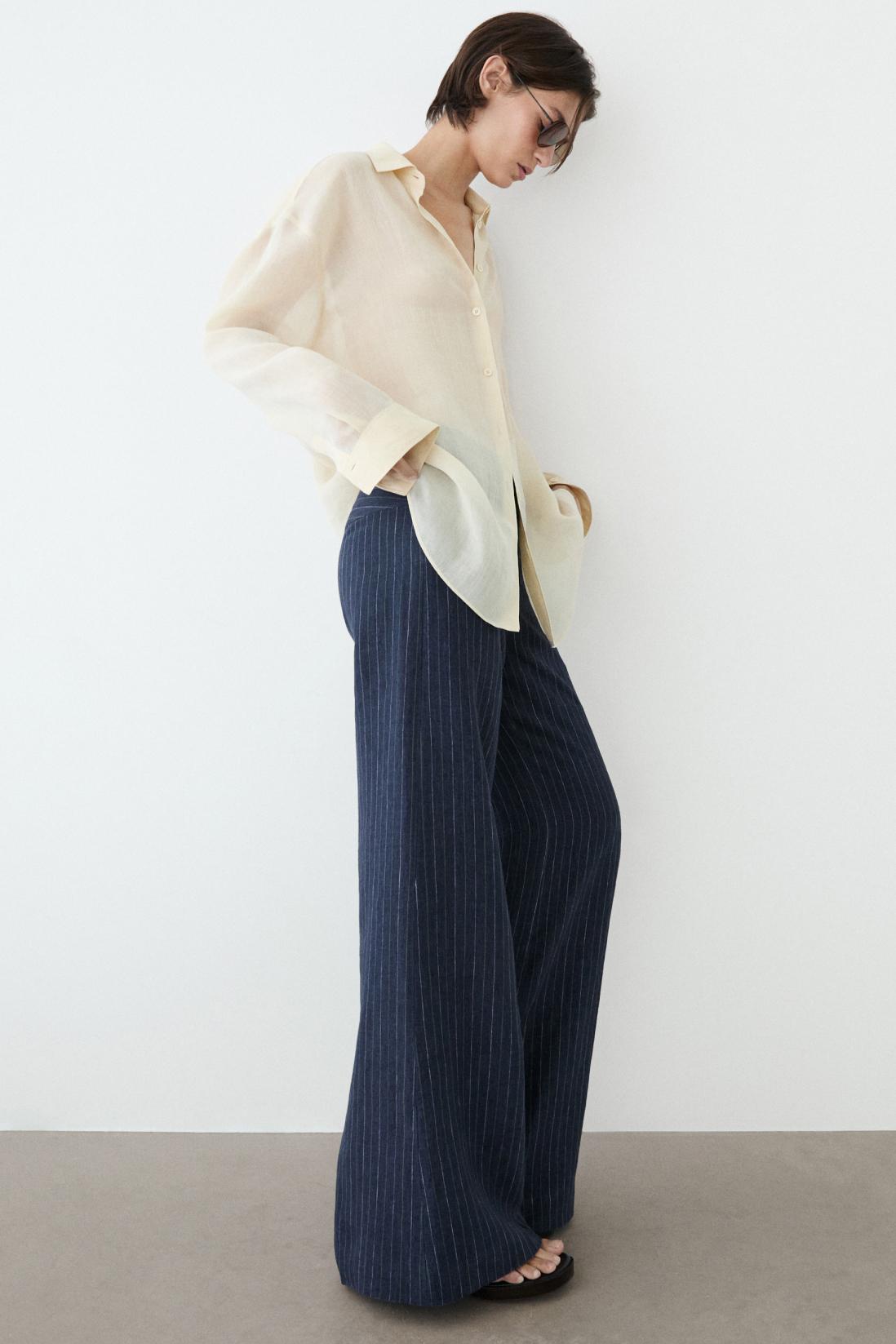 100% linen mid-waist flare pants — NAVY BLUE