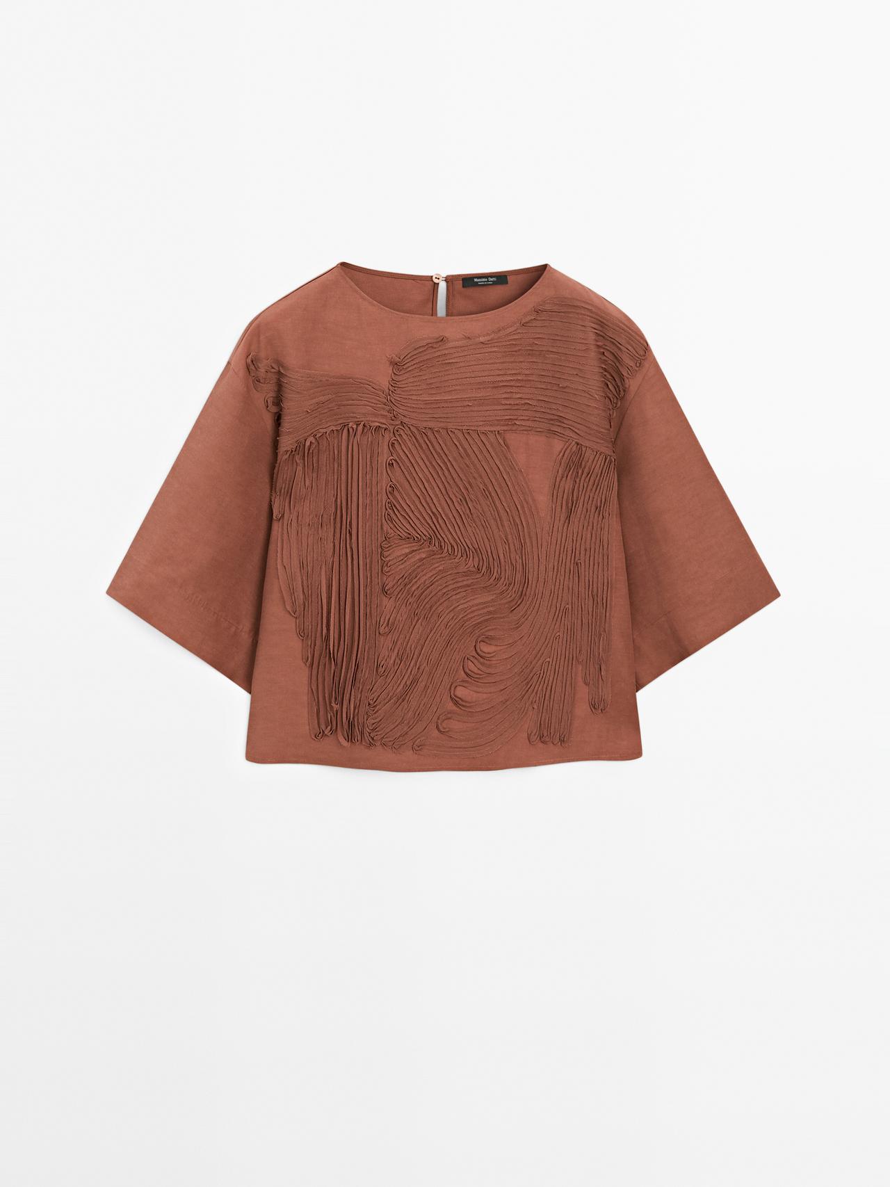 Massimo Dutti - Dame - Top Med Blødt Fald Og Broderet Detalje - Tegl - M