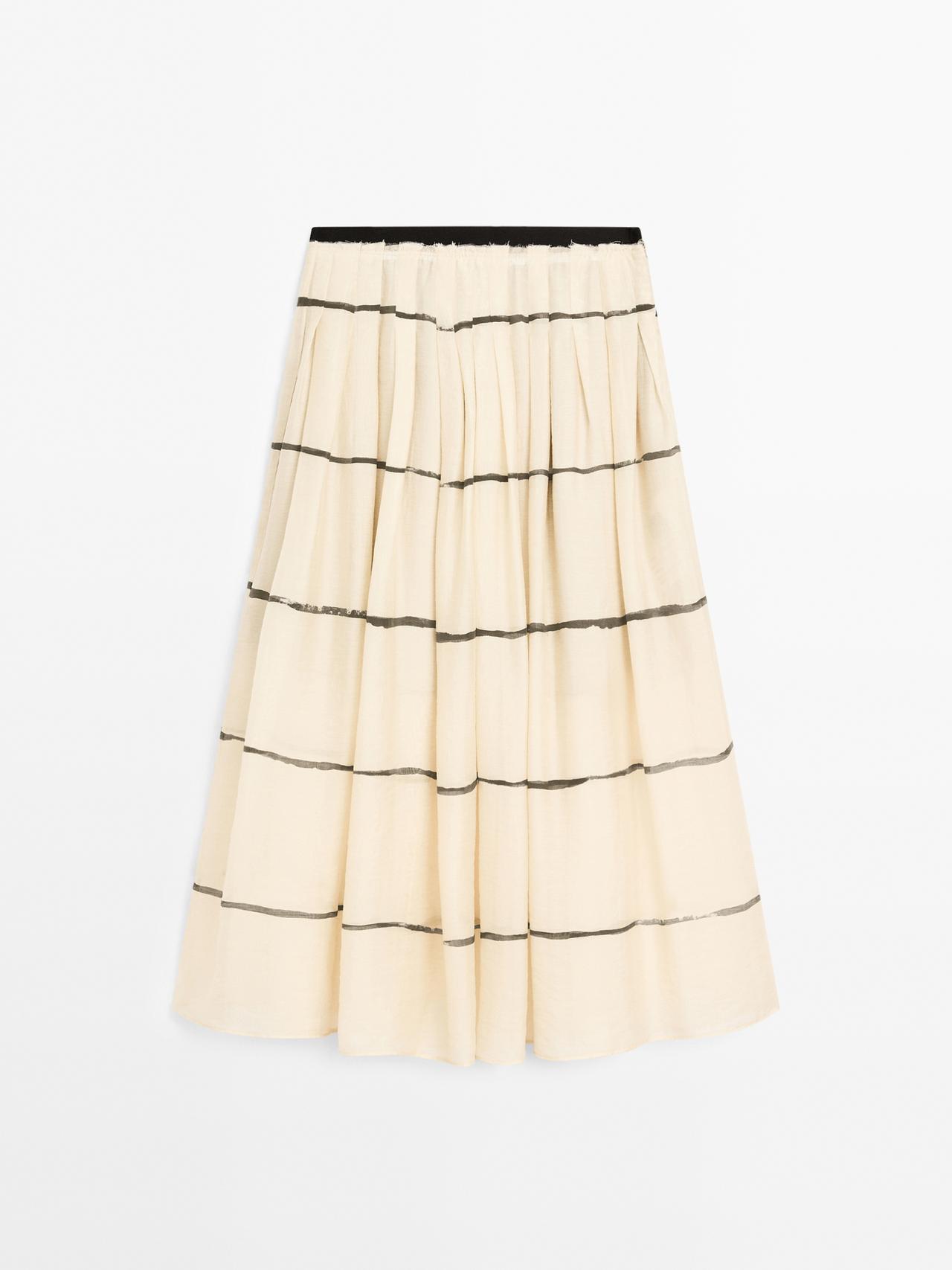 Massimo Dutti - Dame - Stribet, Løstsiddende Midinederdel - Råhvid - 34