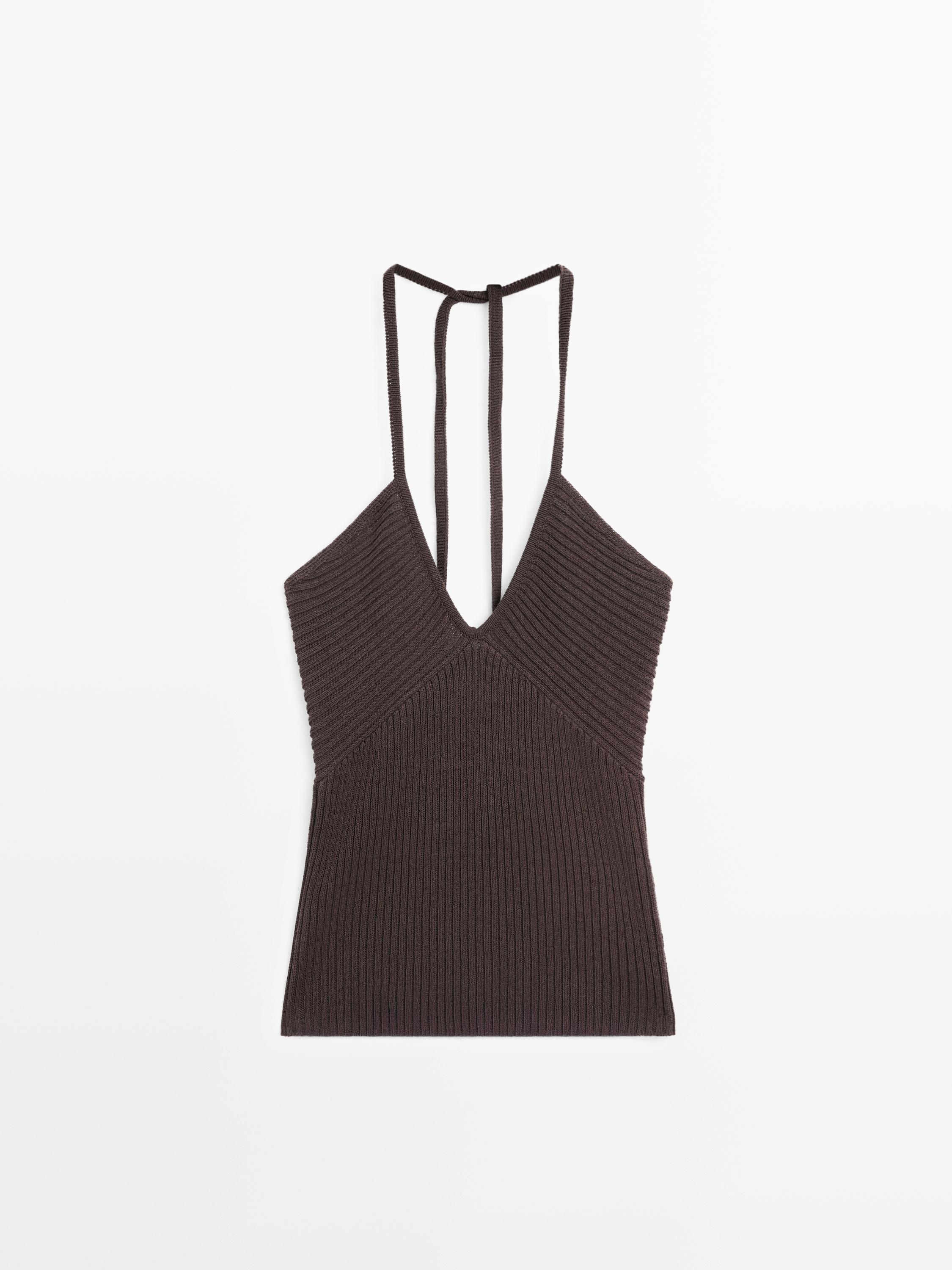 Knit top with low-cut back — AUBERGINE
