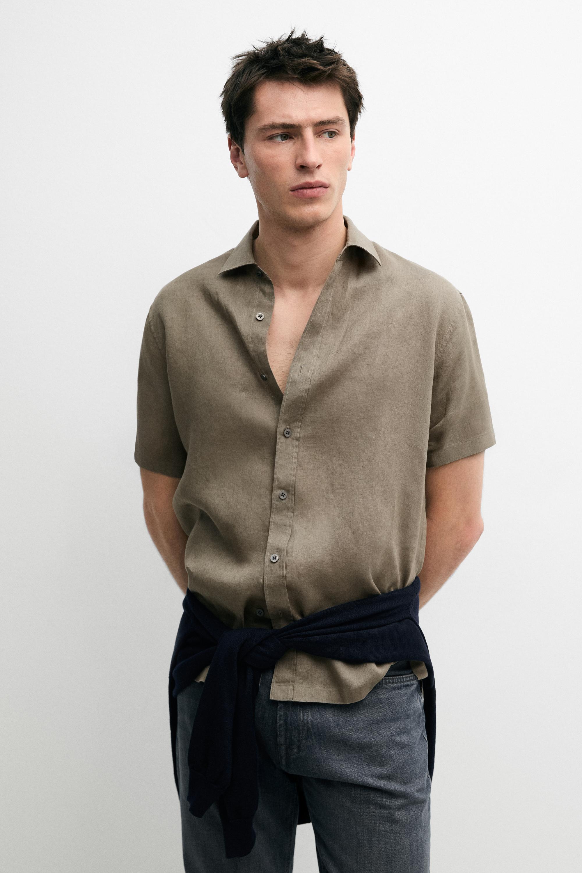 100% linen regular fit short sleeve shirt — SAND