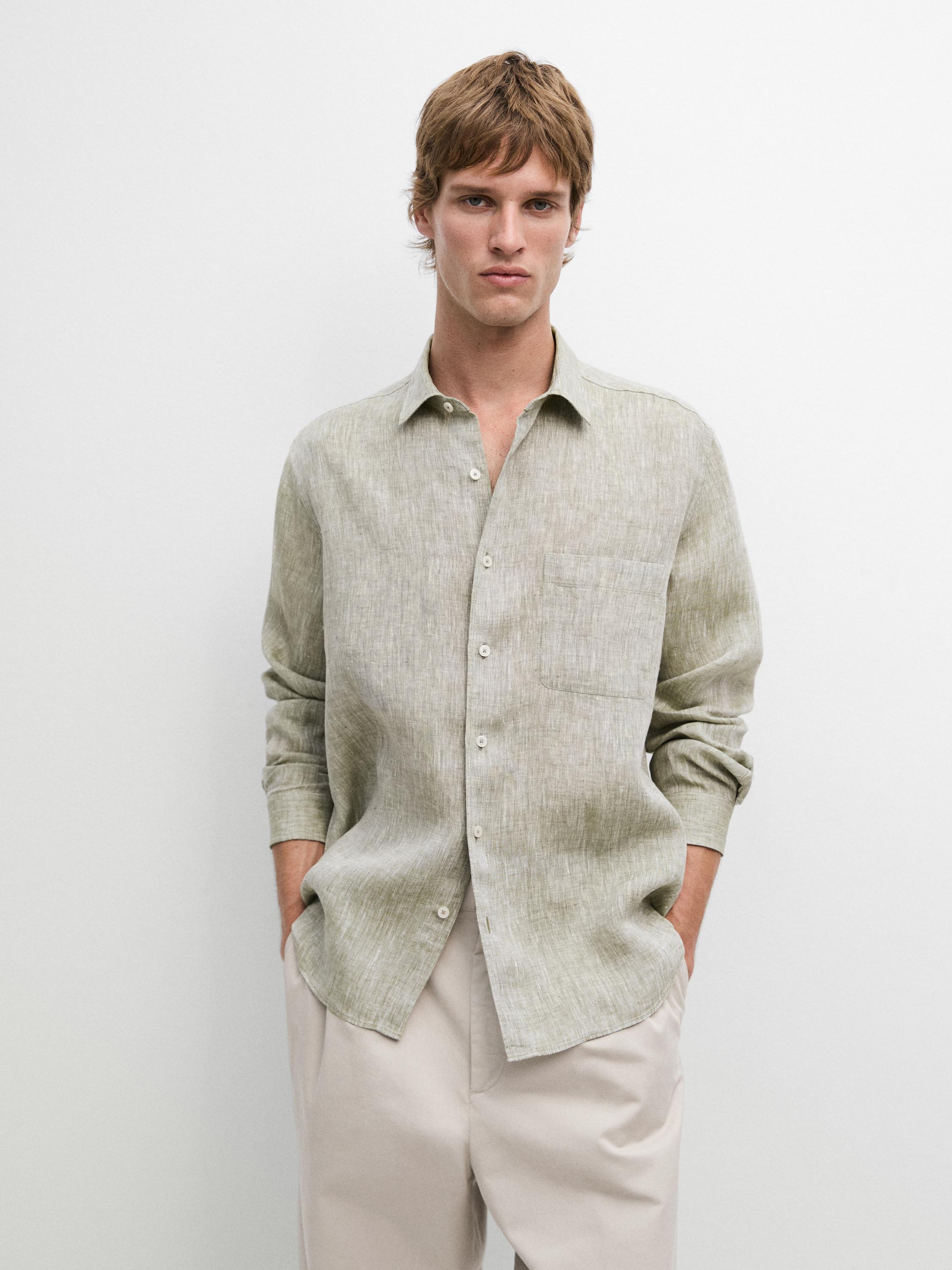 Regular fit linen shirt with pocket — Green billiard