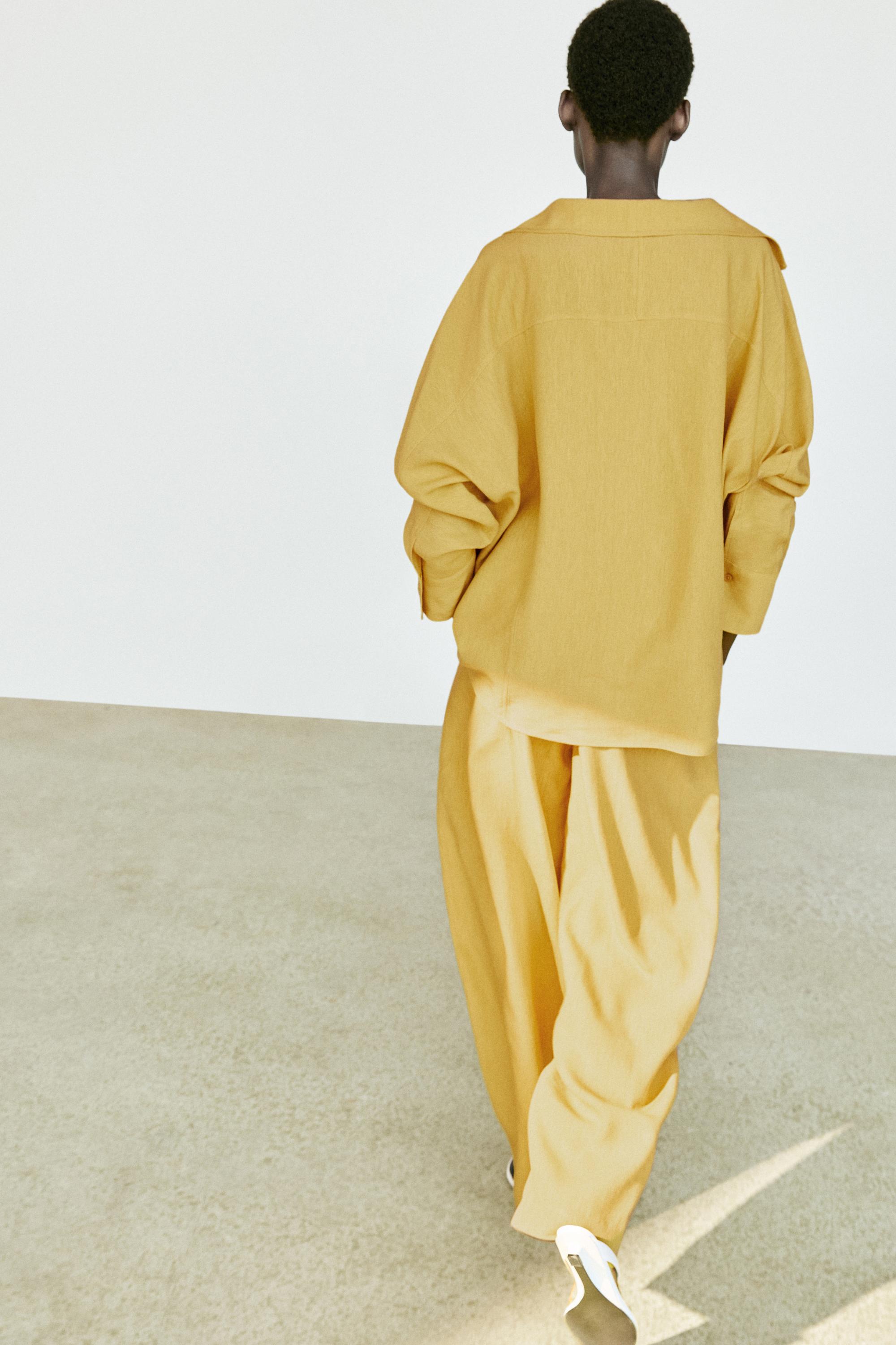 Flowing linen blend shirt with statement collar — MUSTARD YELLOW