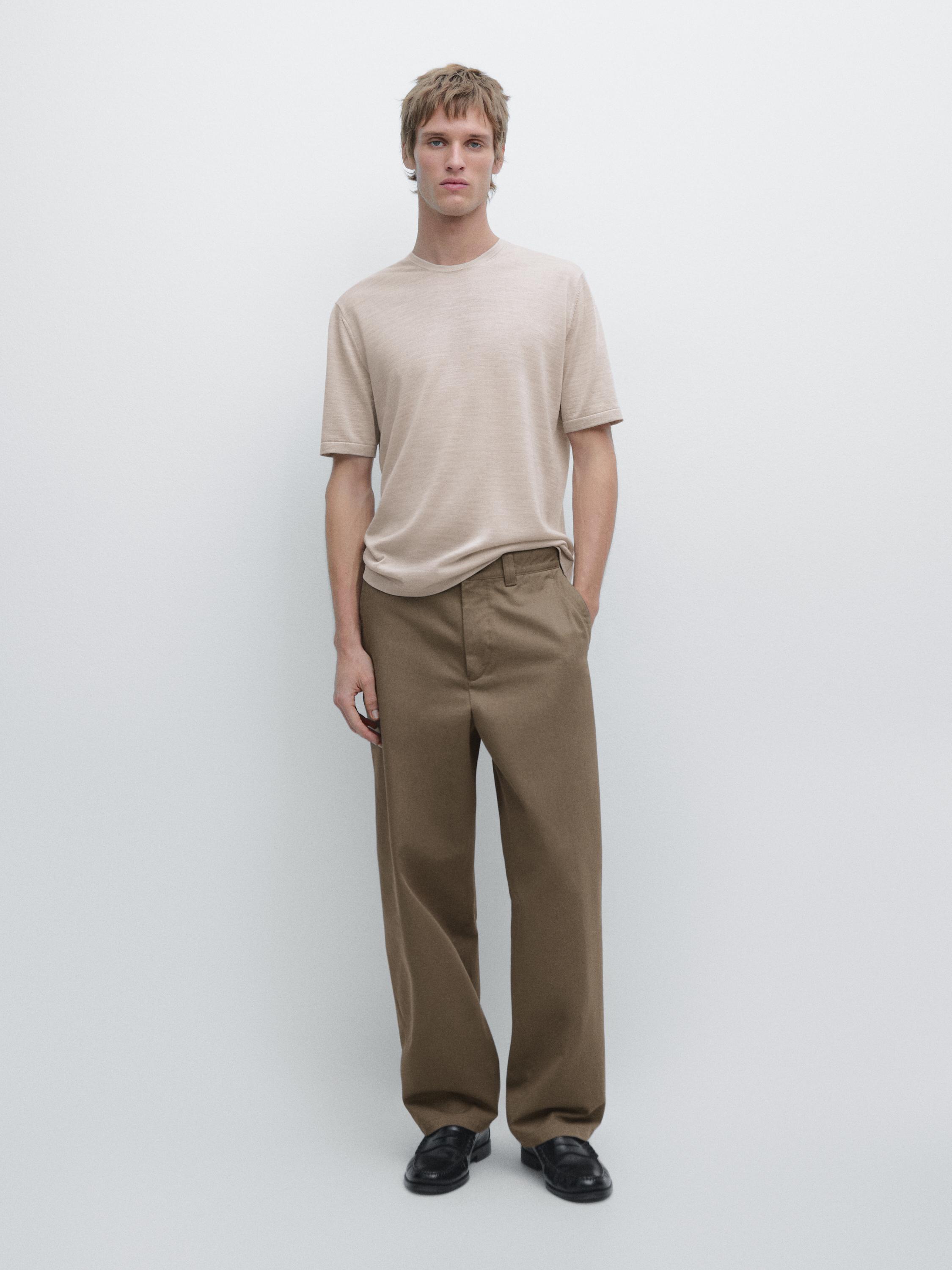 Wool-blend short-sleeve knit sweater — Beige
