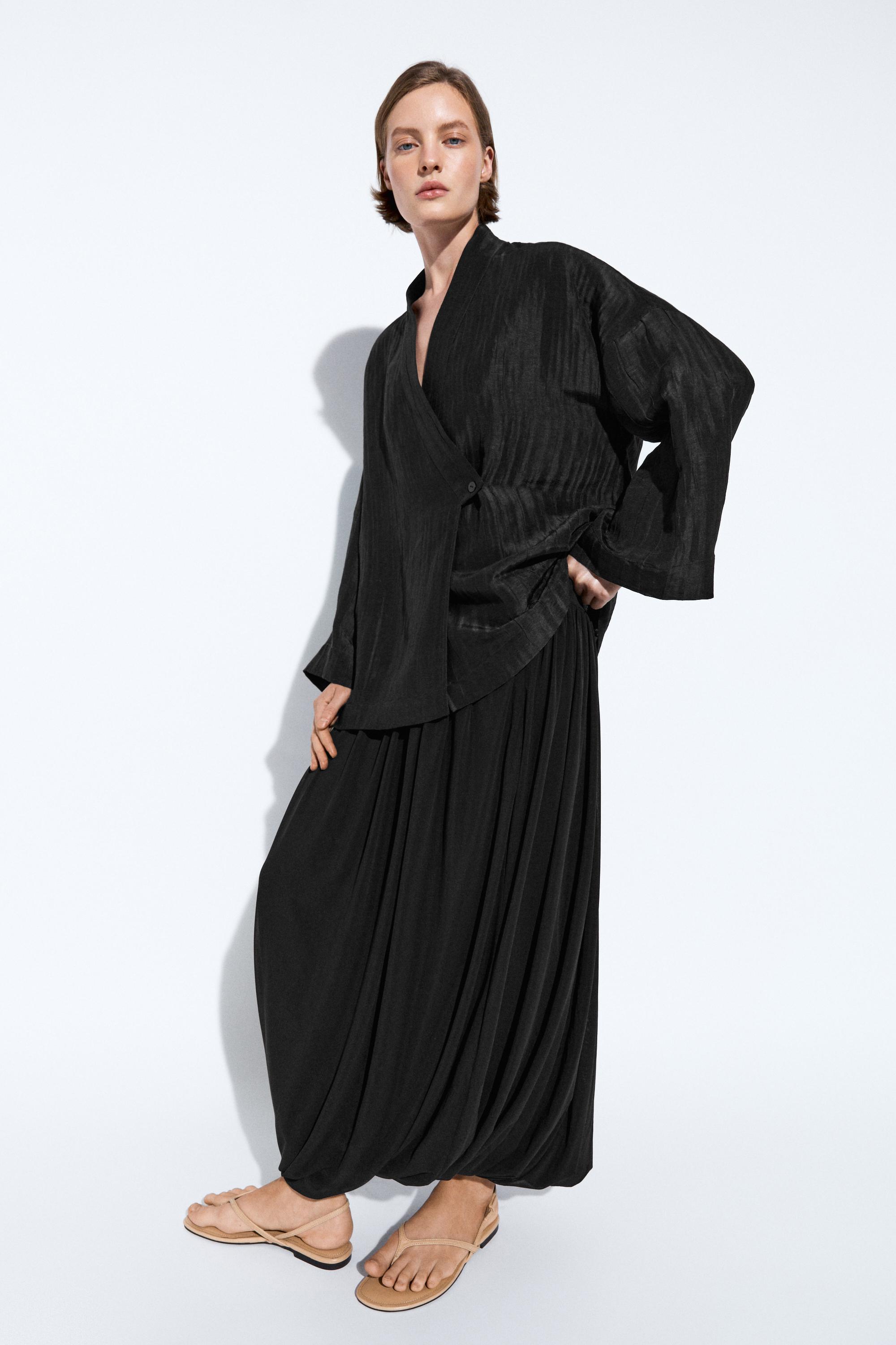Textured linen blend V-neck kimono — BLACK
