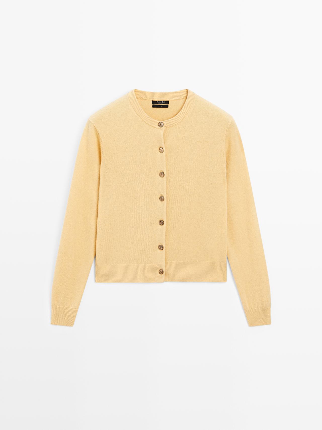 Massimo Dutti - Dame - Cardigan I 100 % Uld Med Gyldne Knapper - Gul - S