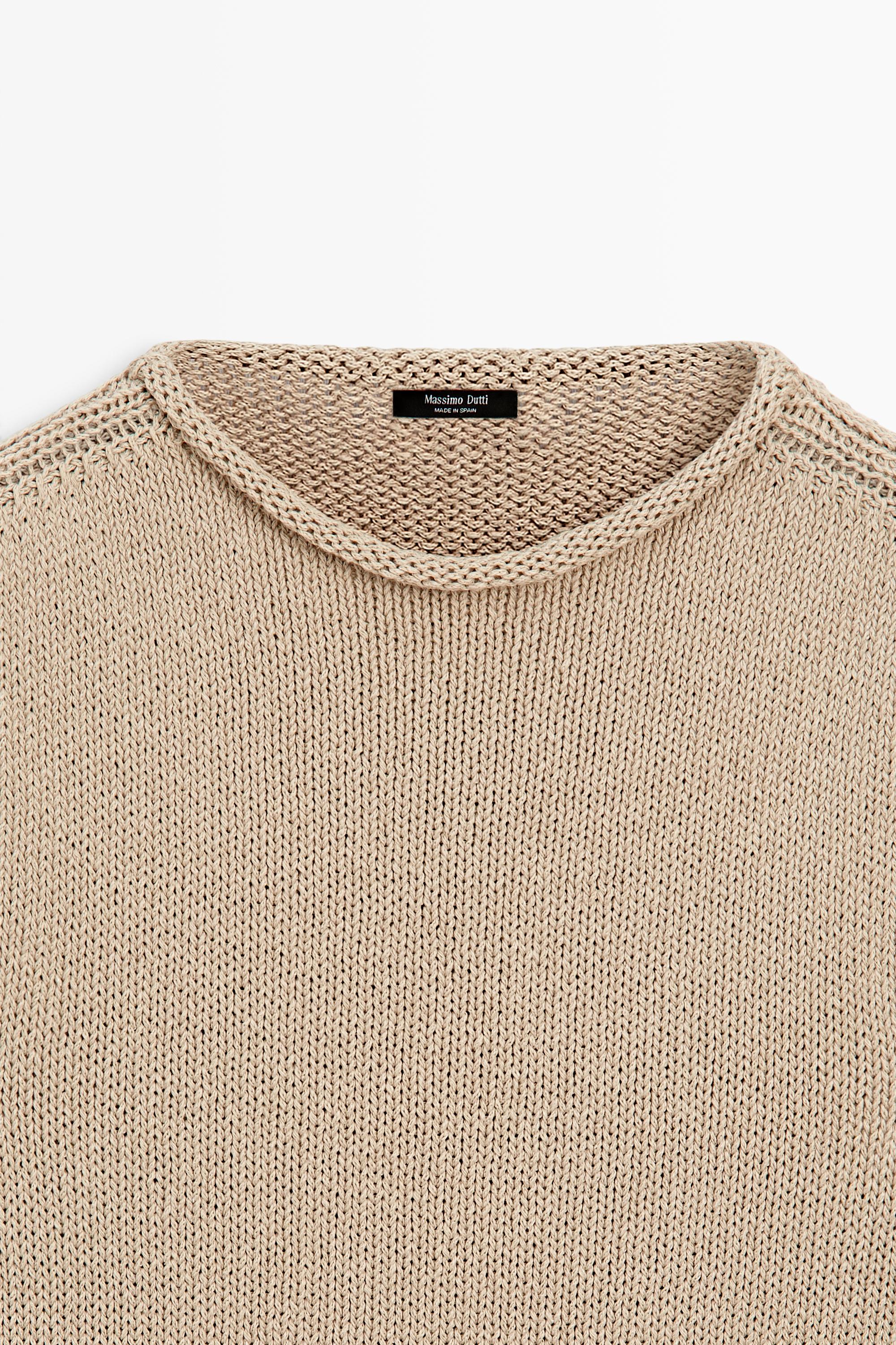 Cotton blend short sleeve rolled-neck sweater — BEIGE