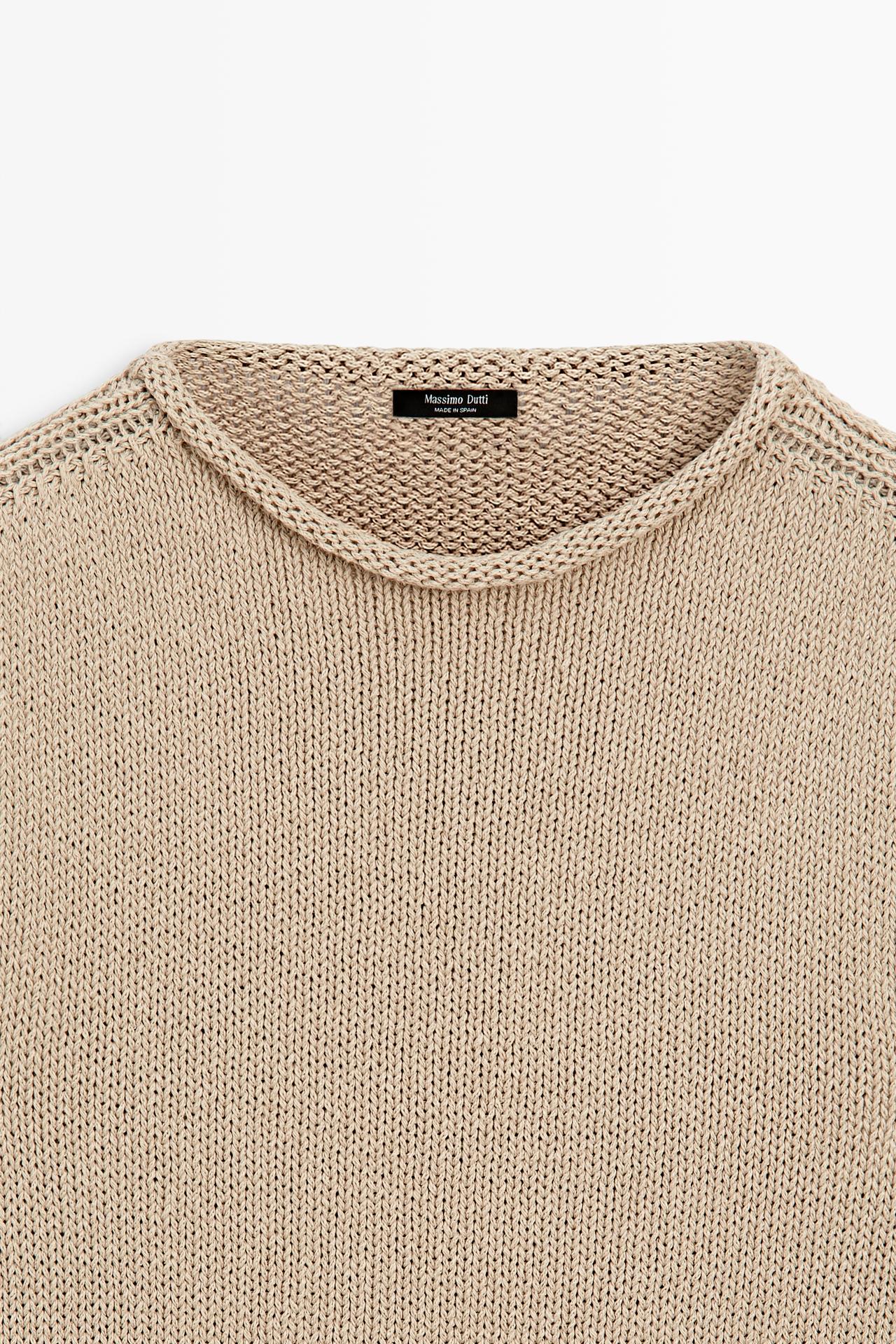 Cotton blend short sleeve rolled-neck sweater — BEIGE