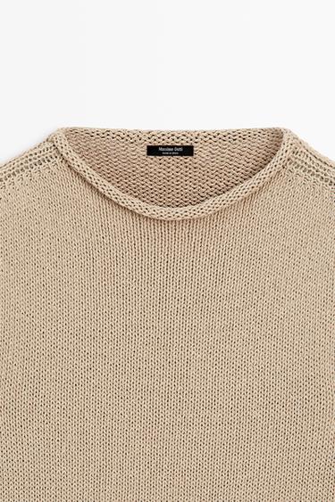 Cotton blend short sleeve rolled-neck sweater — BEIGE 9