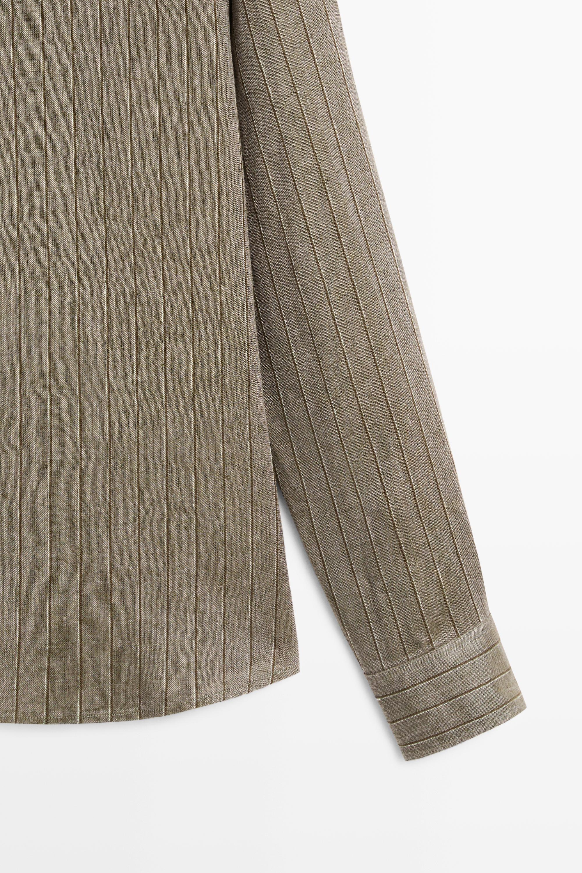 100% linen regular fit striped shirt — DARK GREEN