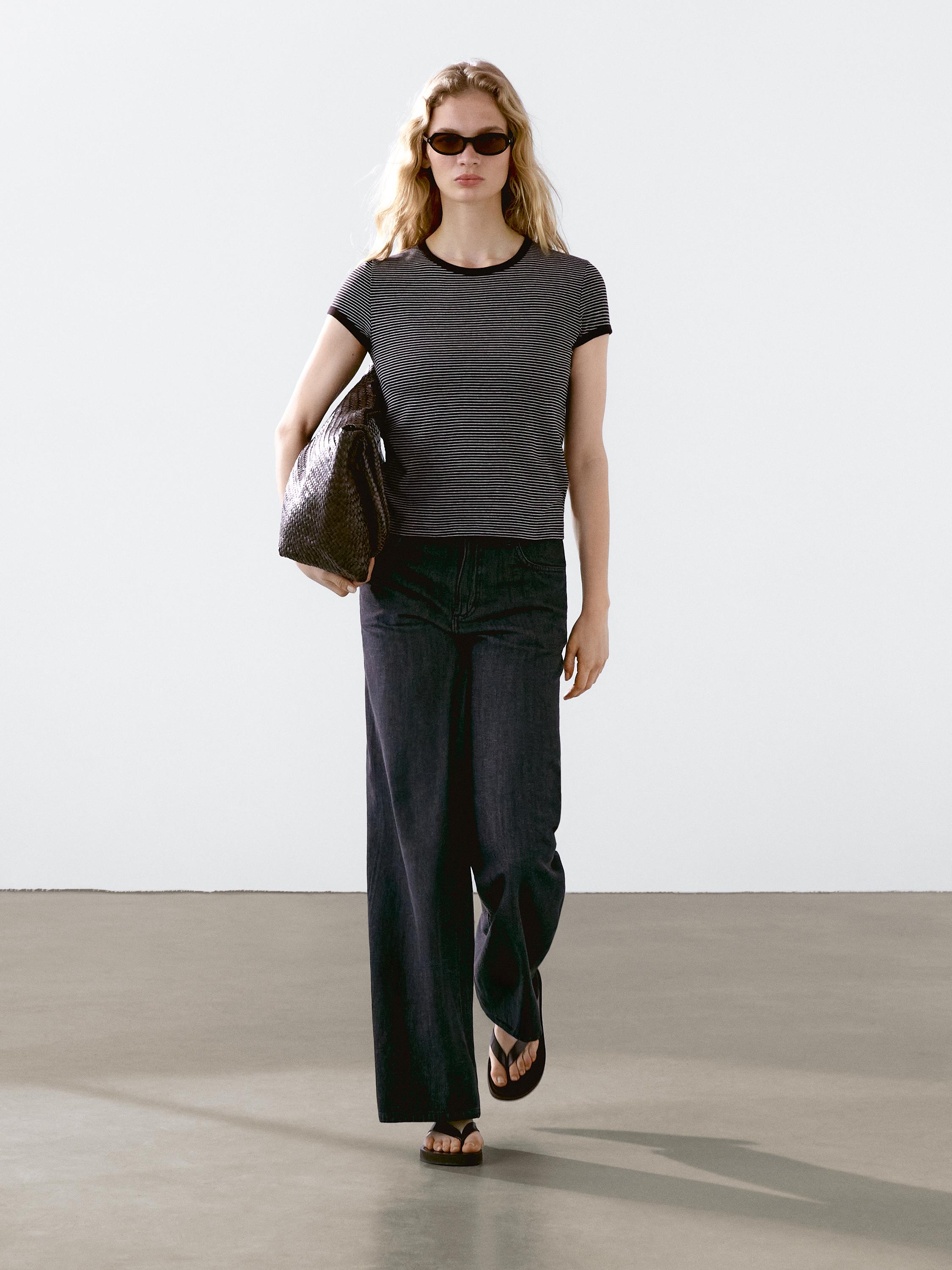 T-shirt rayé bord-côte contrastant coton