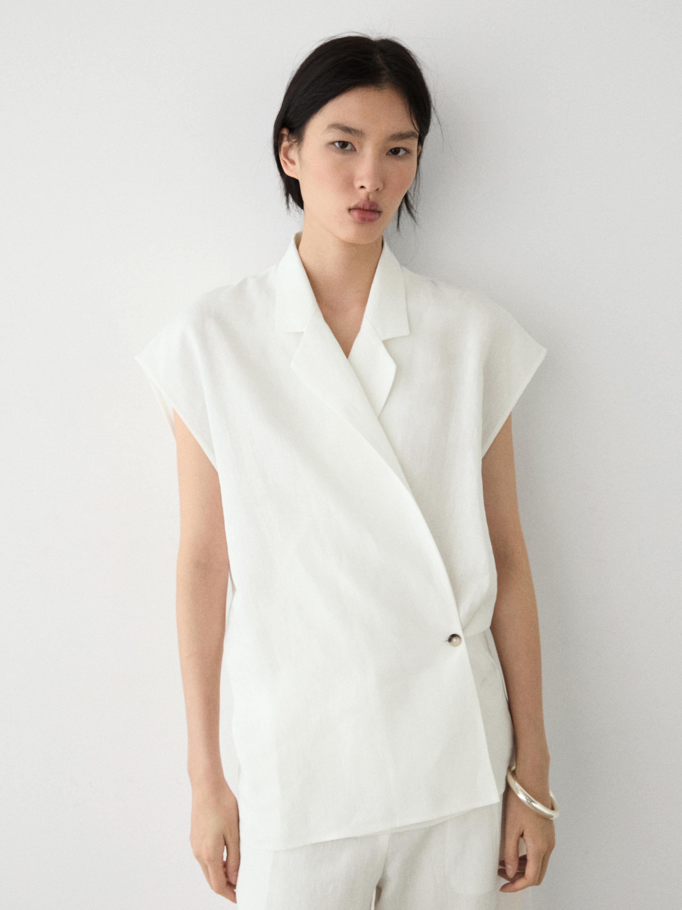 Linen double-breasted lapel vest — Off white