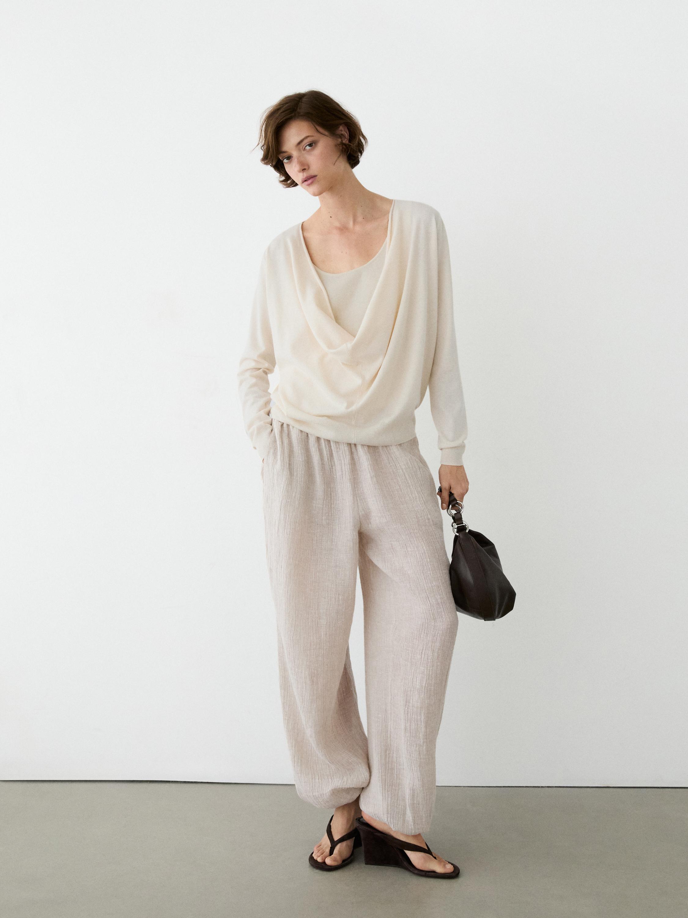Draped neckline cotton sweater — CREAM