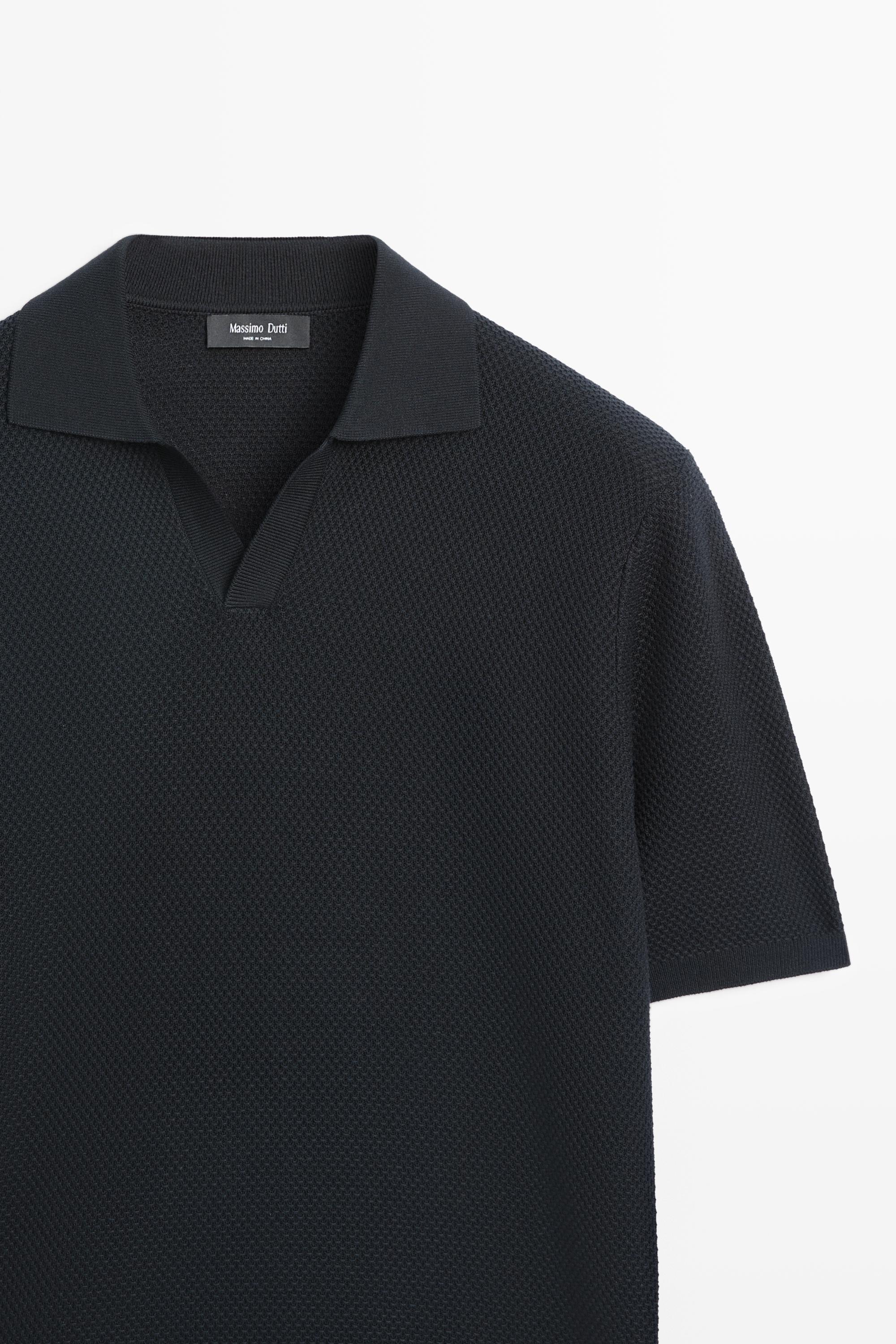 Cotton blend knit V-neck polo shirt — NAVY BLUE