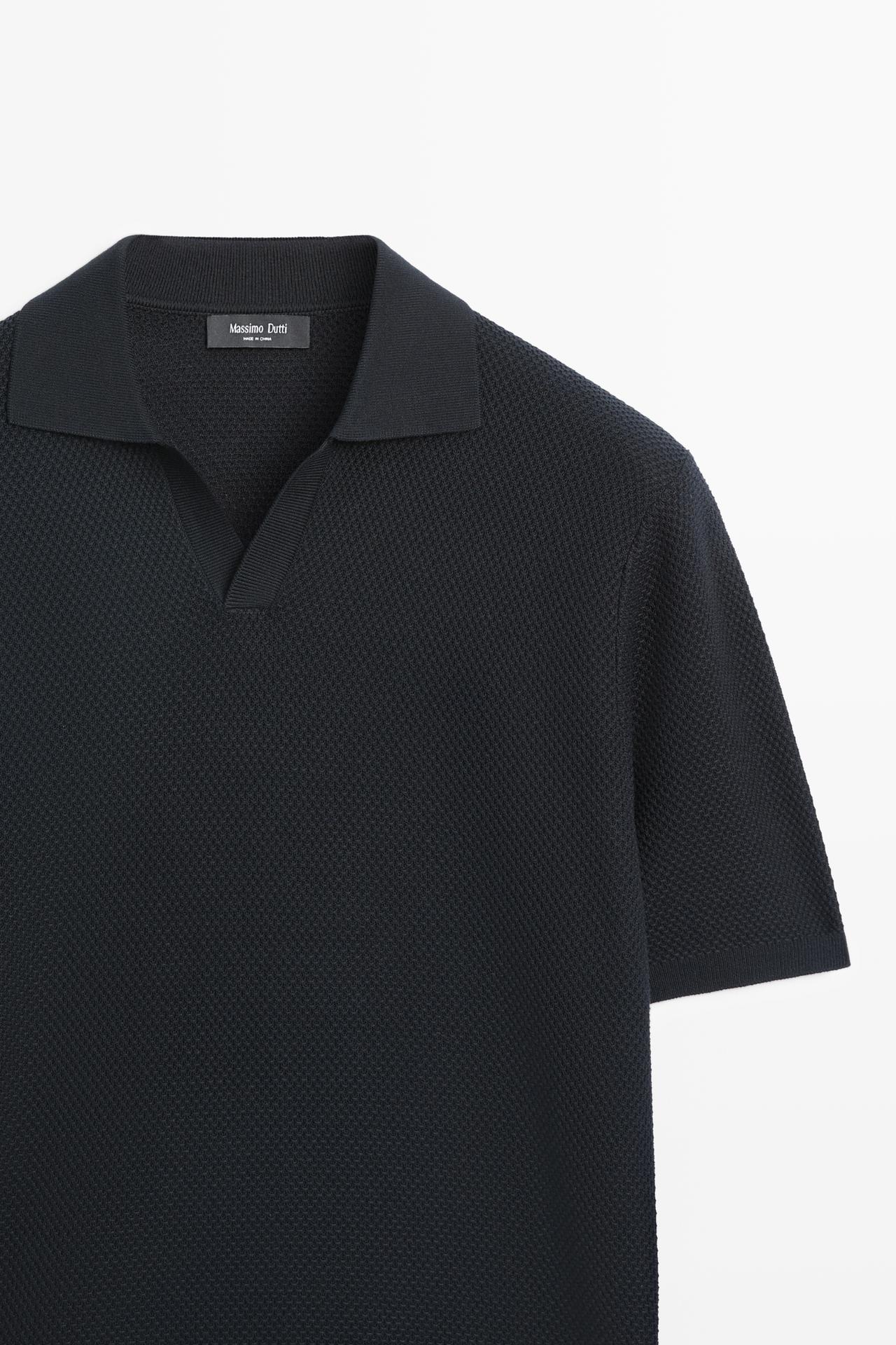 Cotton blend knit V-neck polo shirt — NAVY BLUE