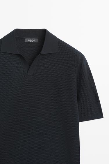 Cotton blend knit V-neck polo shirt — NAVY BLUE 4