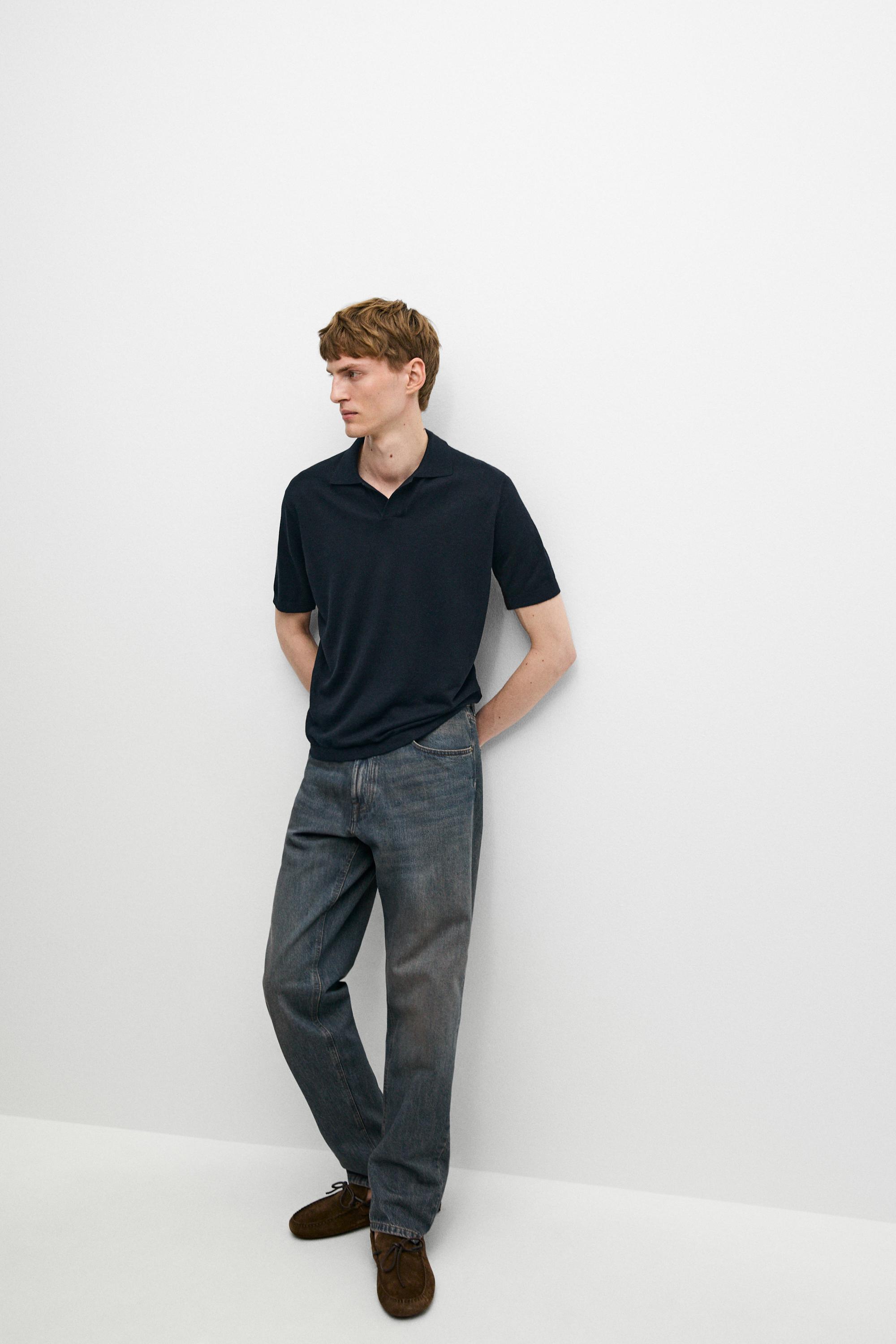 Cotton and linen knit polo sweater — NAVY BLUE