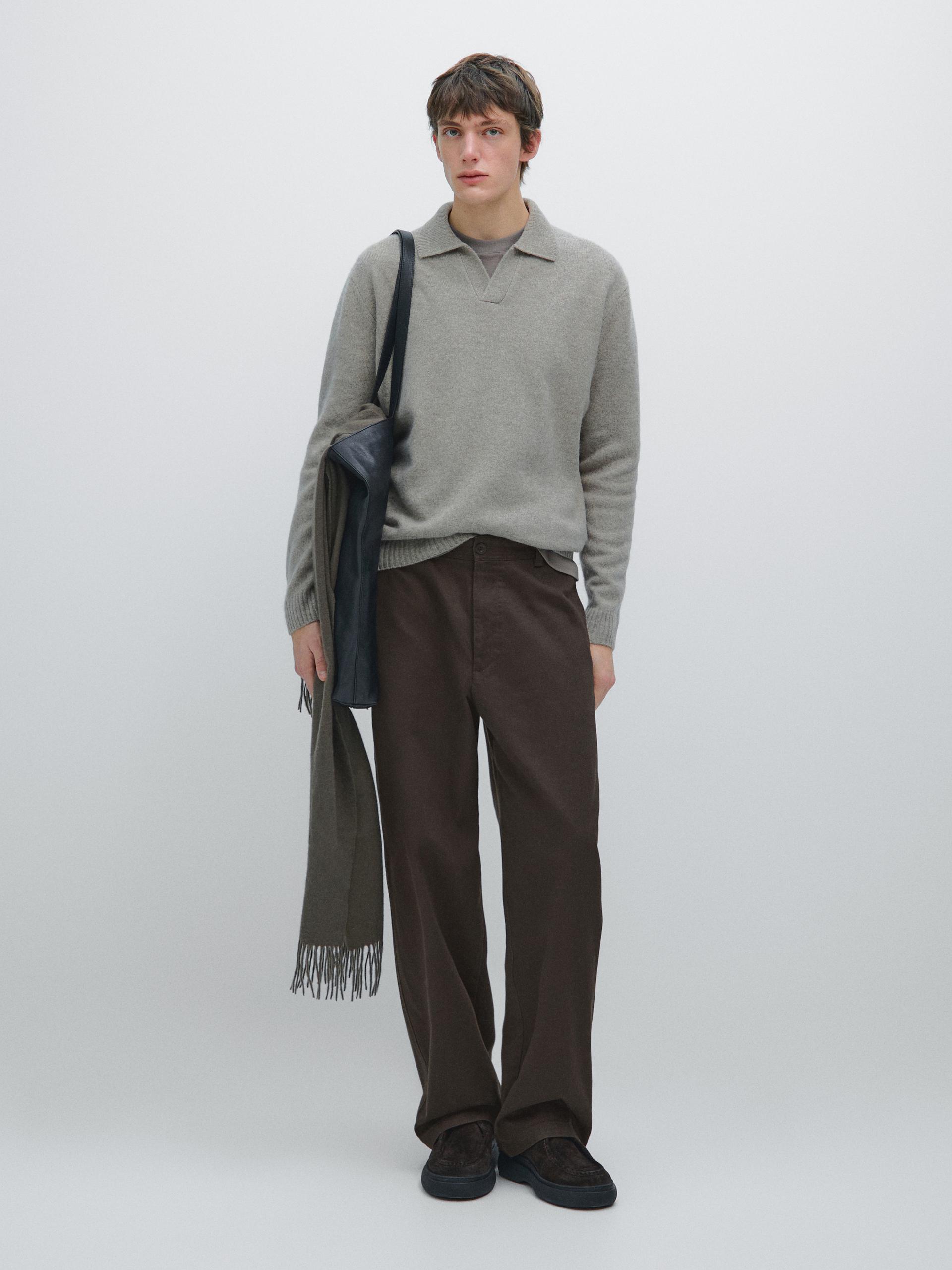 Pantalón Wide Leg 100% Algodón - Marrón - 40 - Massimo Dutti - Hombre