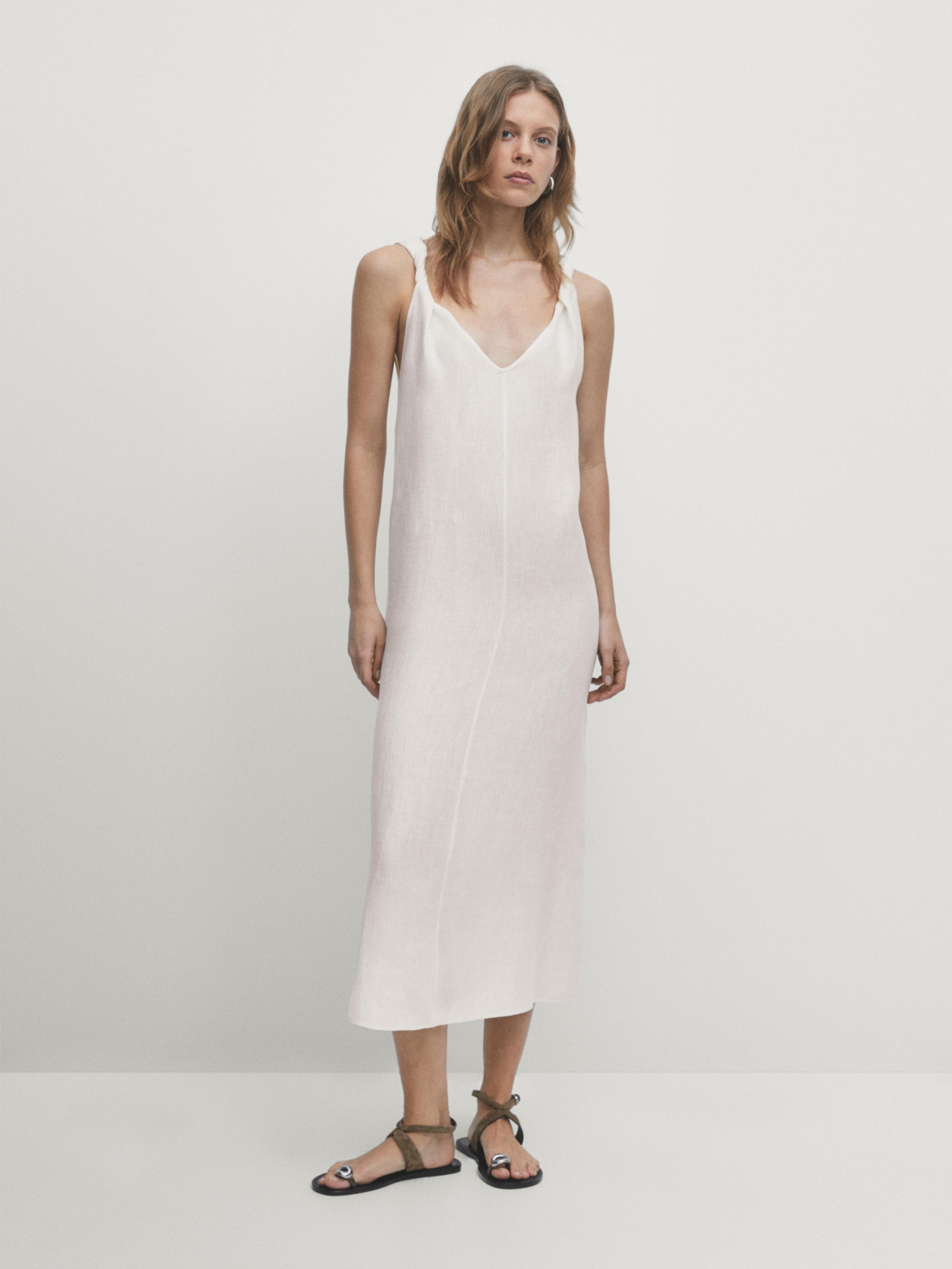 Linen midi dress with strap details