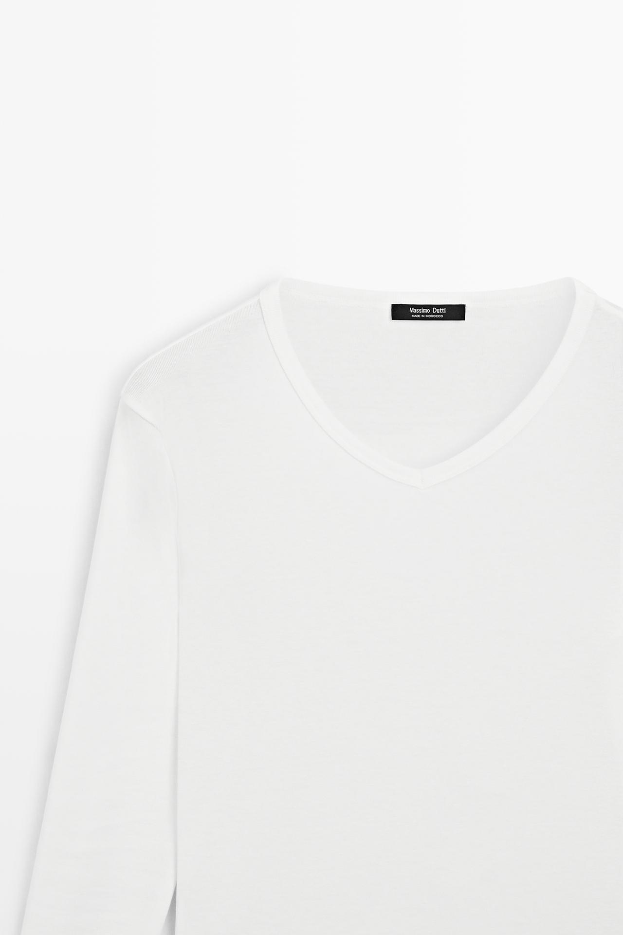 100% cotton V-neck long sleeve T-shirt — Off white
