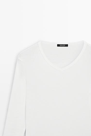 100% cotton V-neck long sleeve T-shirt — Off white 4