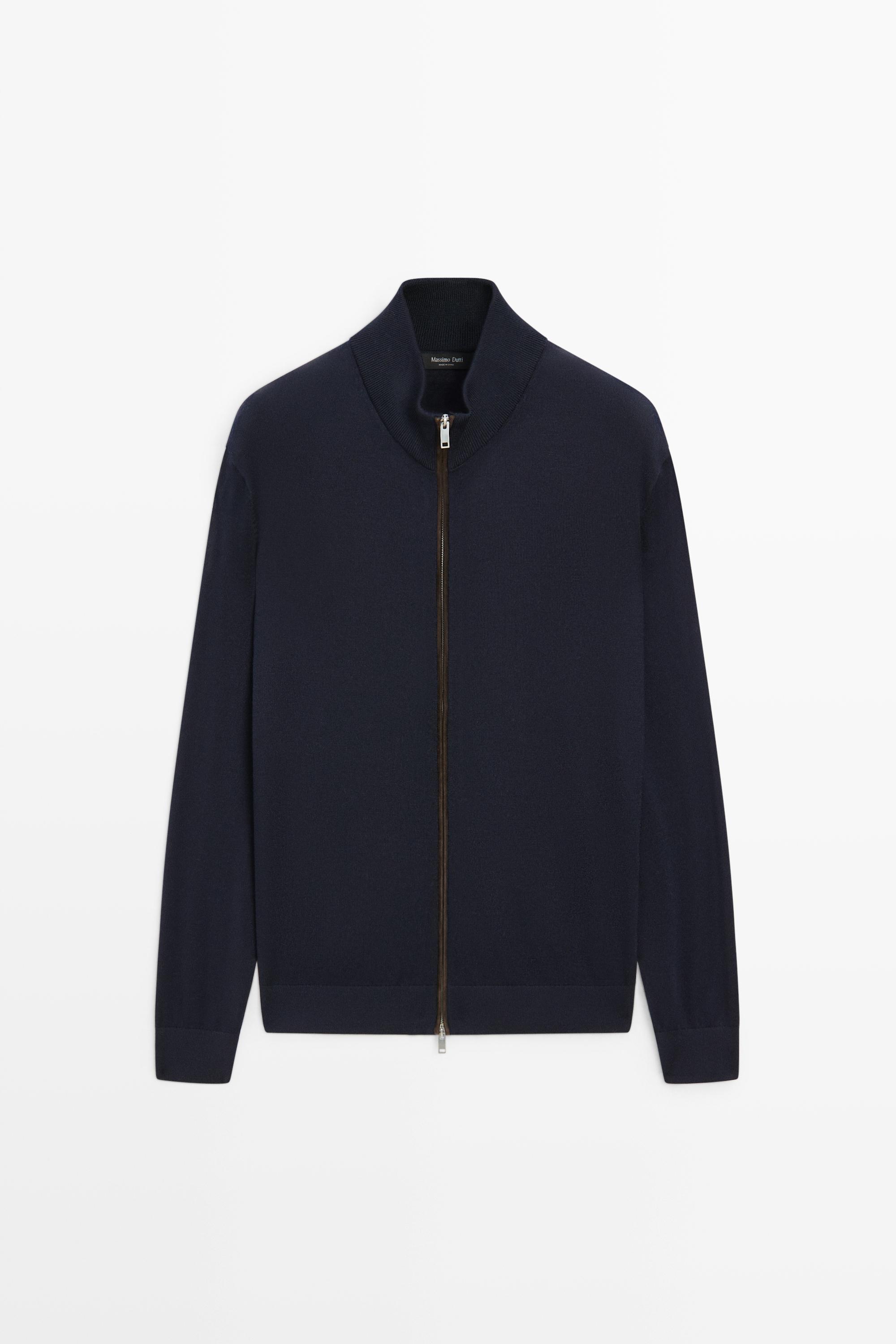 Merino wool blend zip-up knit cardigan — NAVY BLUE