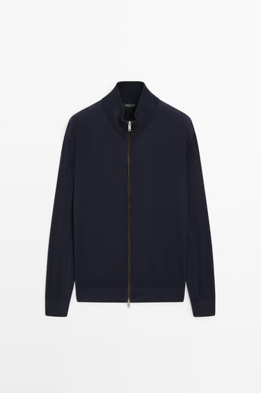 Merino wool blend zip-up knit cardigan — NAVY BLUE 2