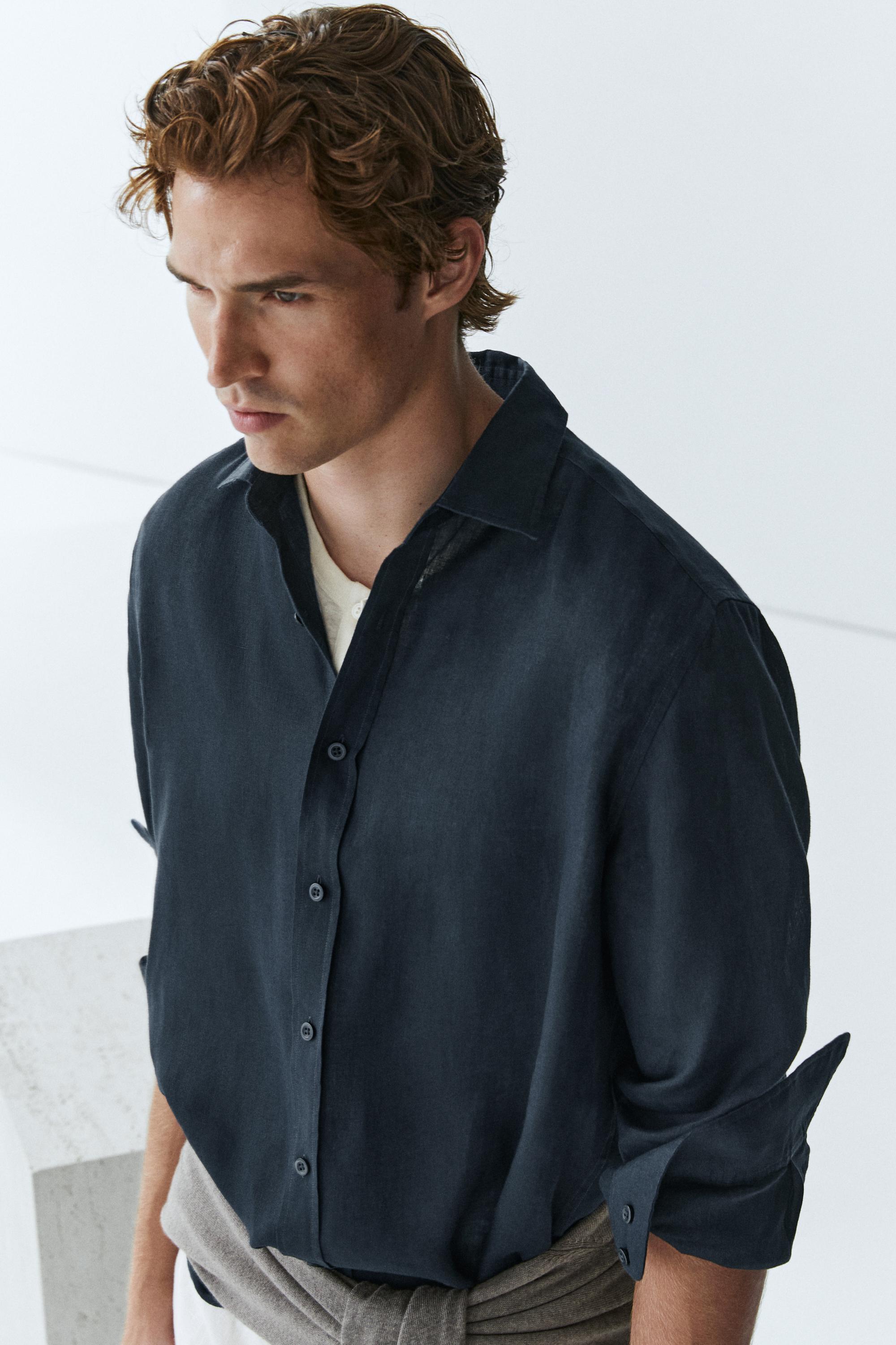 100% linen slim fit shirt — NAVY BLUE