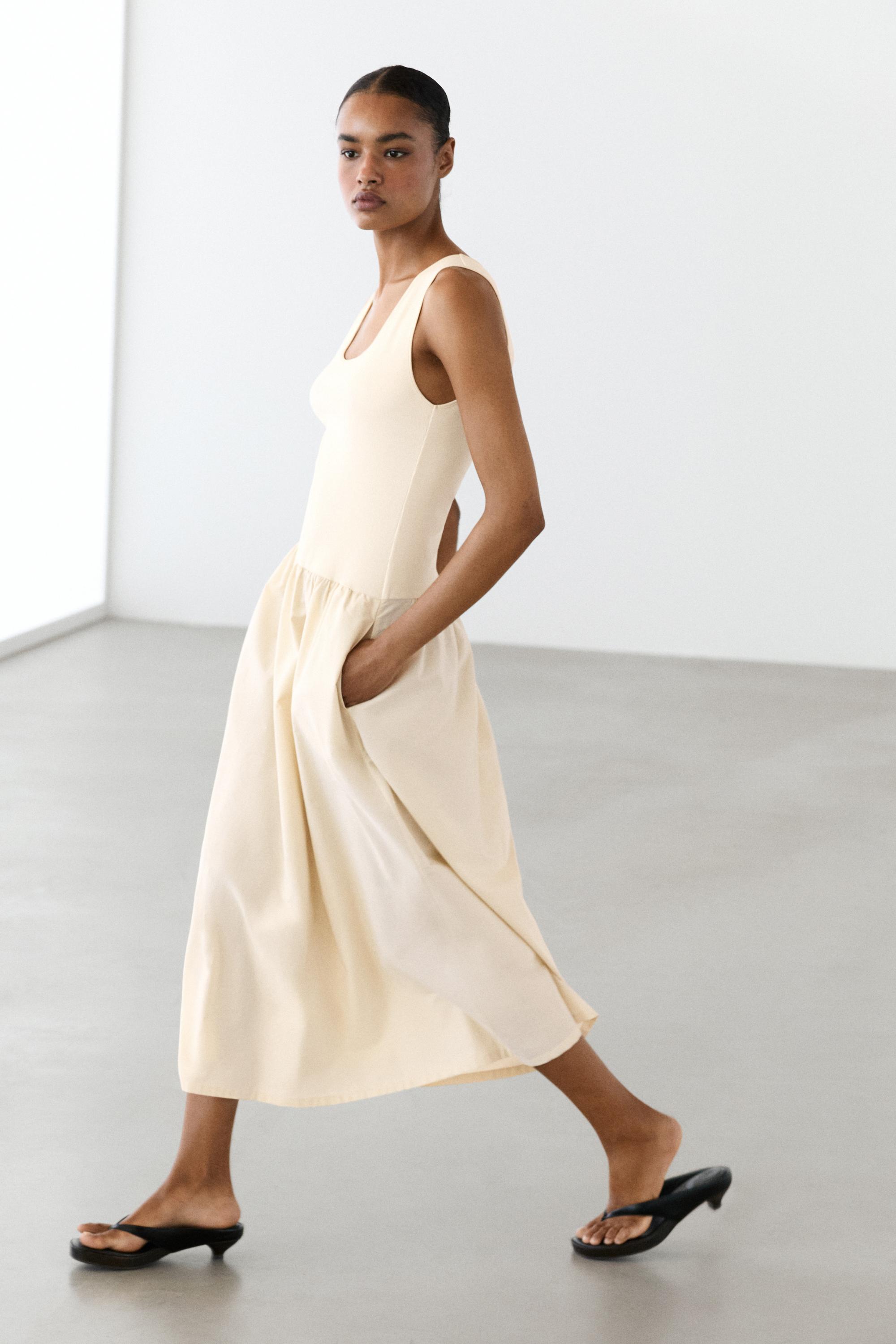 Cotton blend dress with contrast poplin — Vanilla