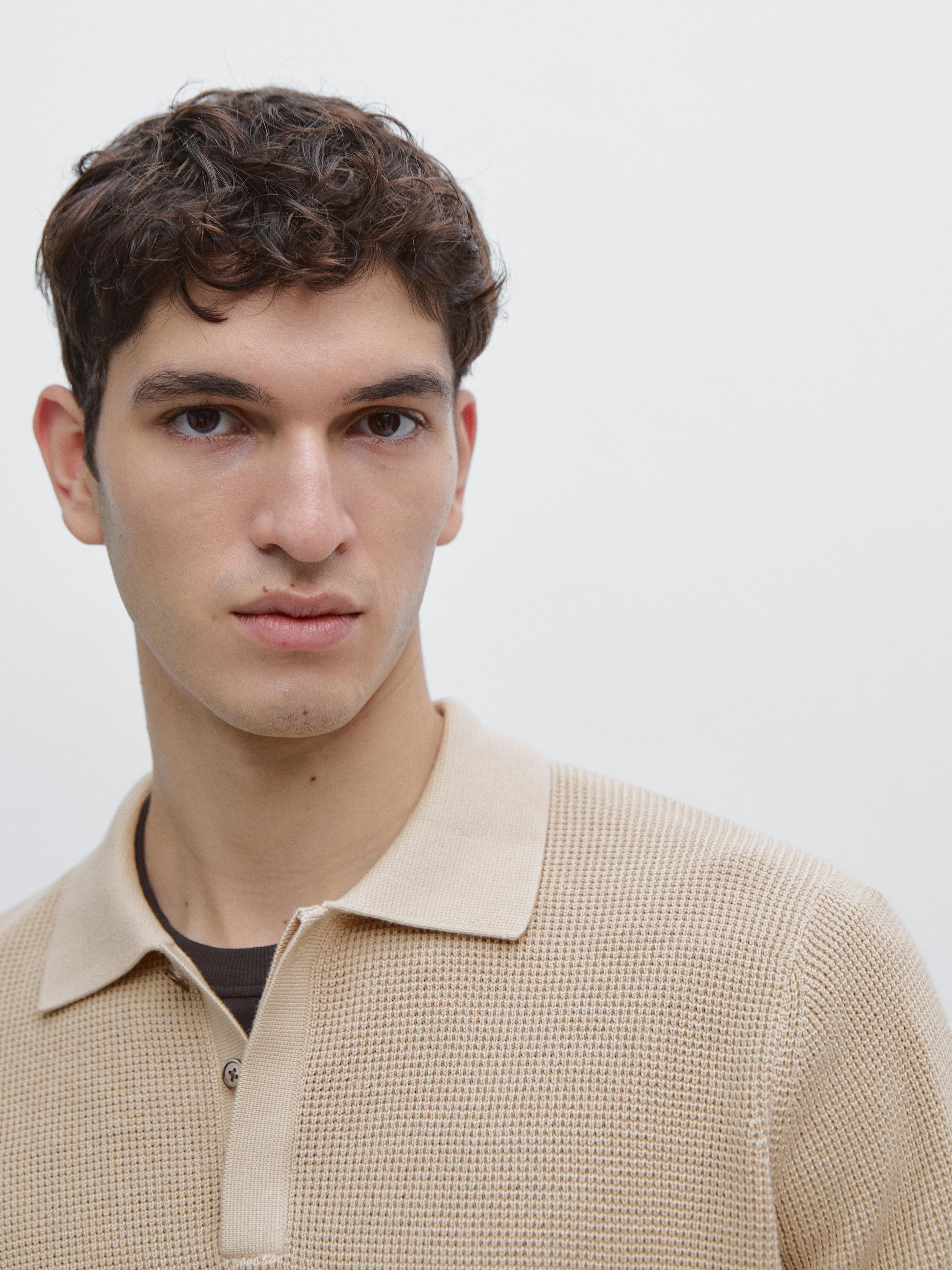 Textured cotton knit polo shirt — RUST