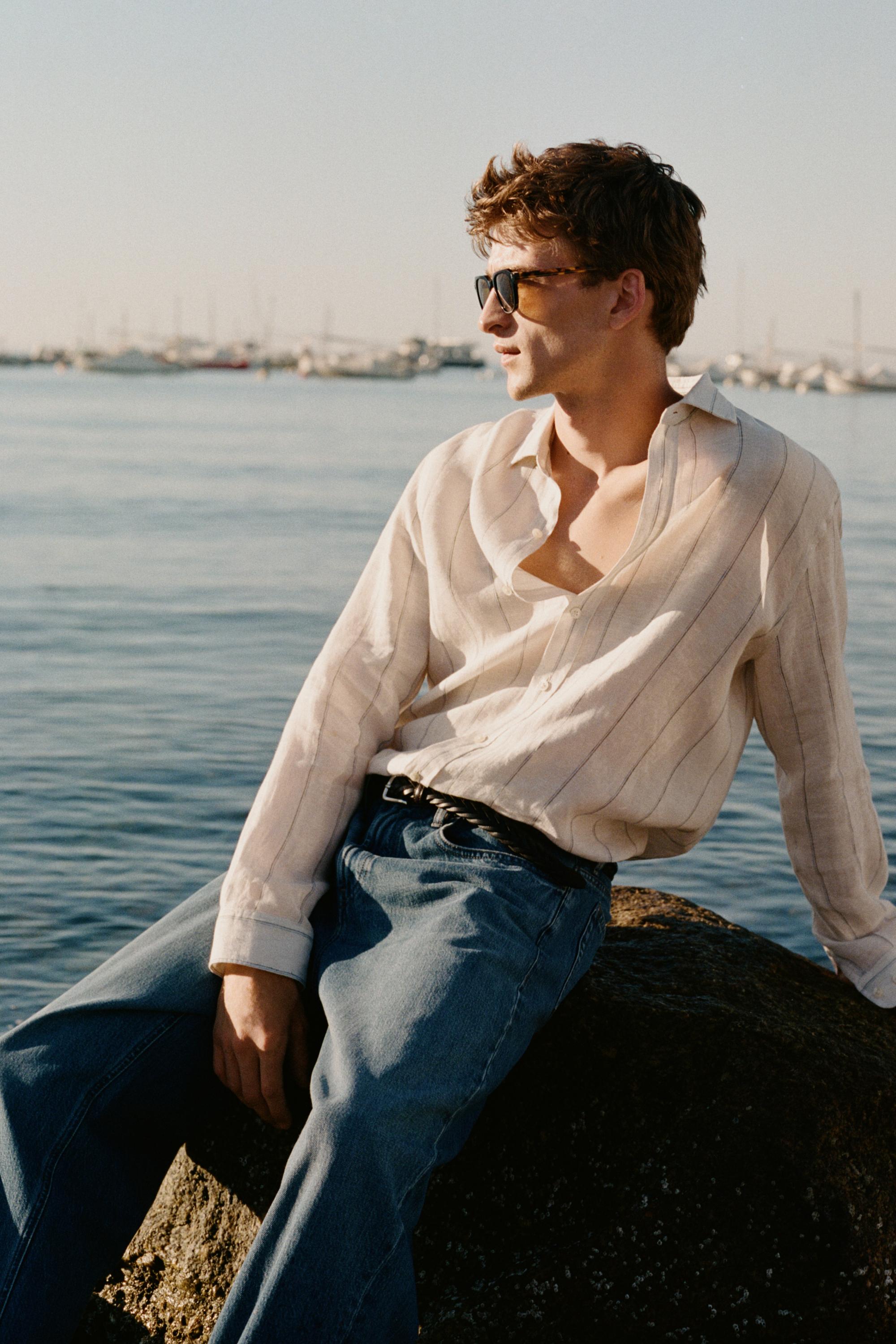 100% linen regular fit striped shirt — CREAM