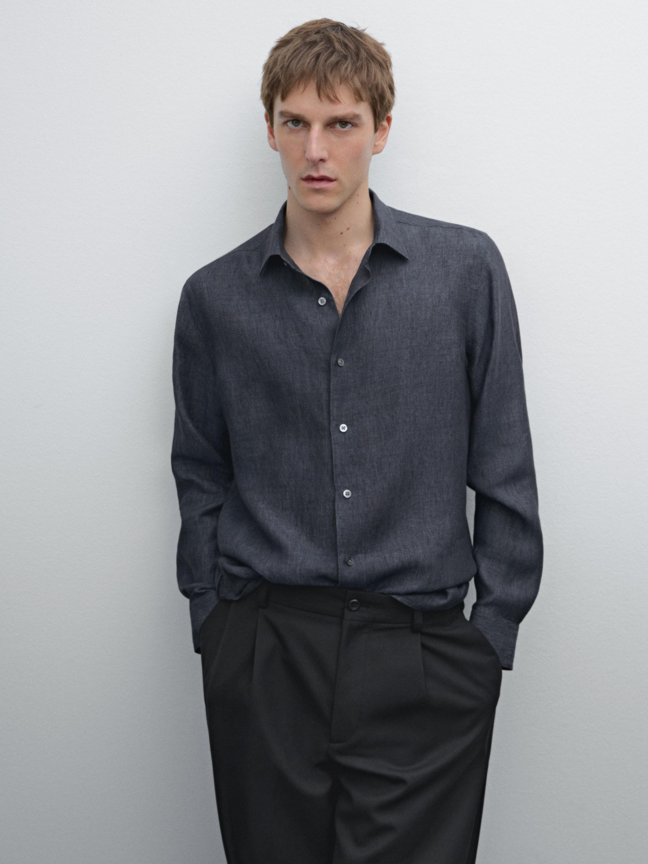 قميص ضيق كتان 100% بلون باهت